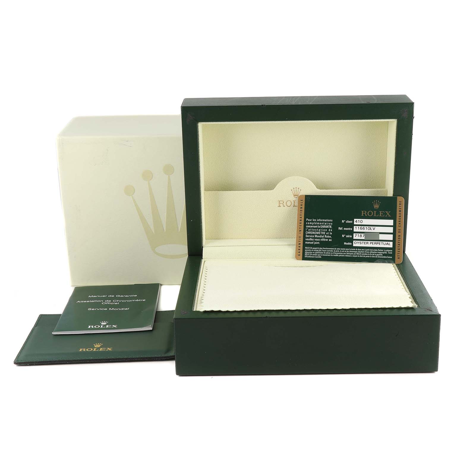 The image shows the packaging, manuals, and warranty card for a Rolex Submariner 116610LV Men's Stainless Steel Green Dial 116610LV Men's Stainless Steel Green Dial watch with the box open.