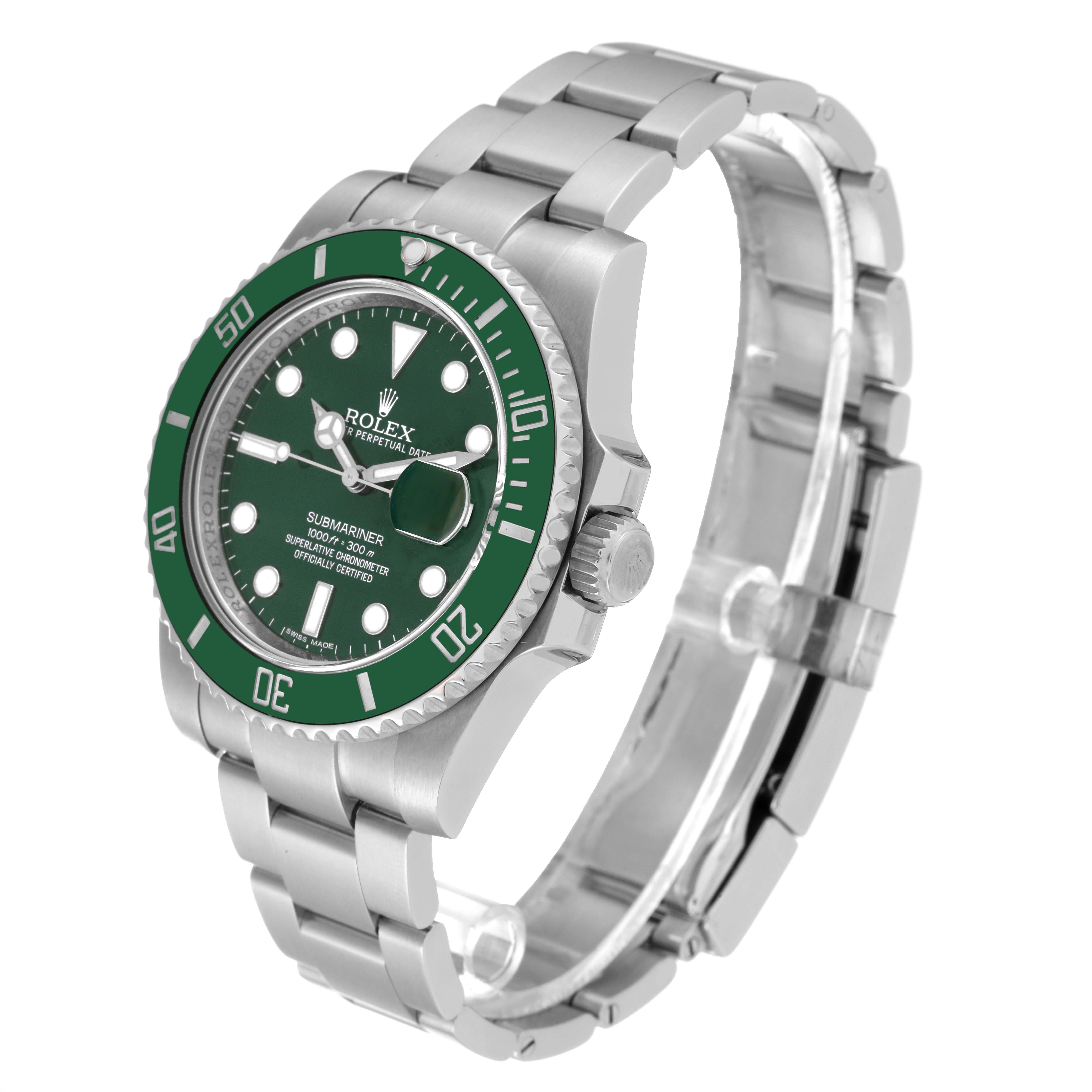 This image shows a side angle of a Rolex Submariner 116610LV Men's Stainless Steel Green Dial 116610LV Men's Stainless Steel Green Dial watch, highlighting its green bezel, dial, and metal bracelet.