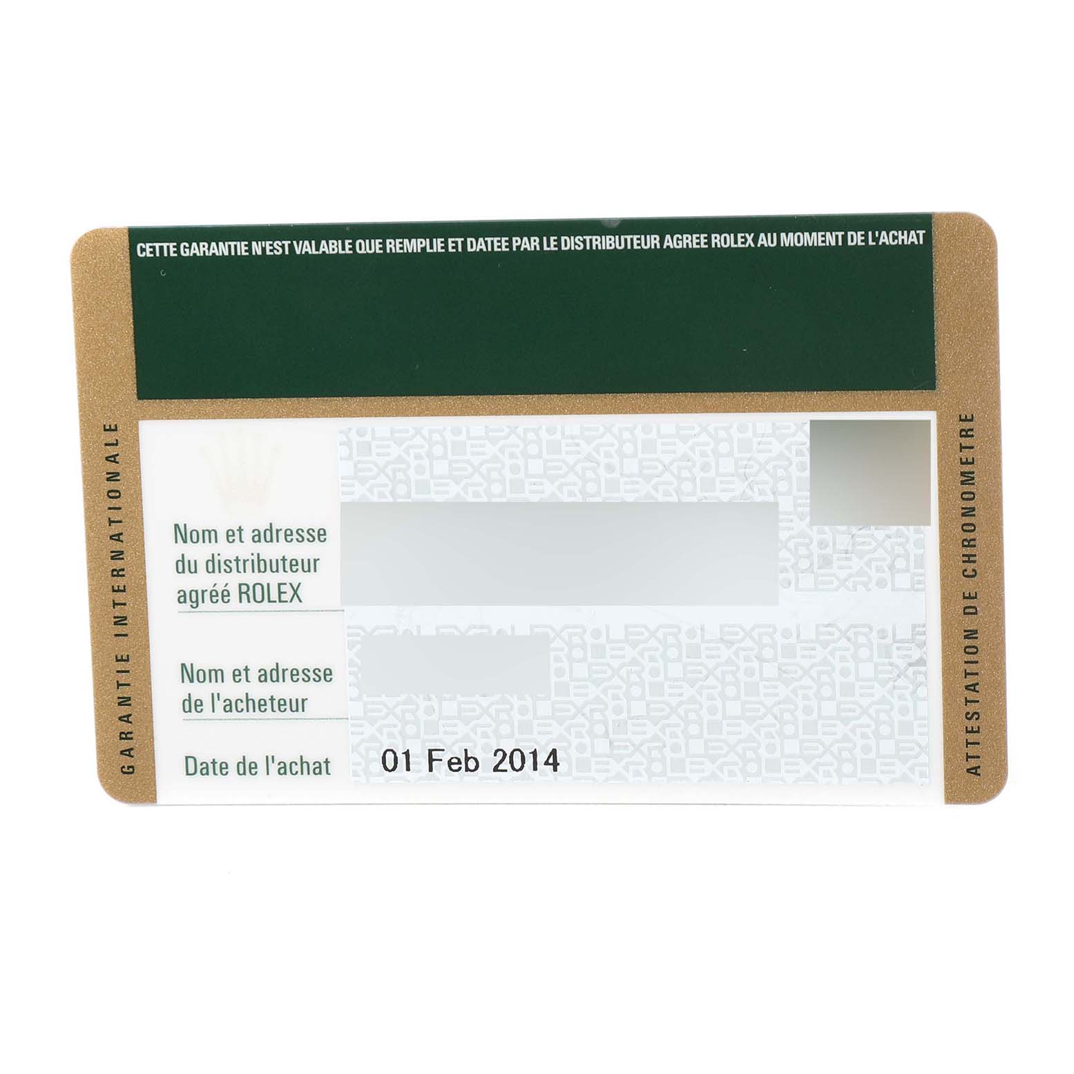 This image shows the international warranty card for a Rolex Submariner 116610LV Men's Stainless Steel Green Dial 116610LV Men's Stainless Steel Green Dial watch dated February 1, 2014.