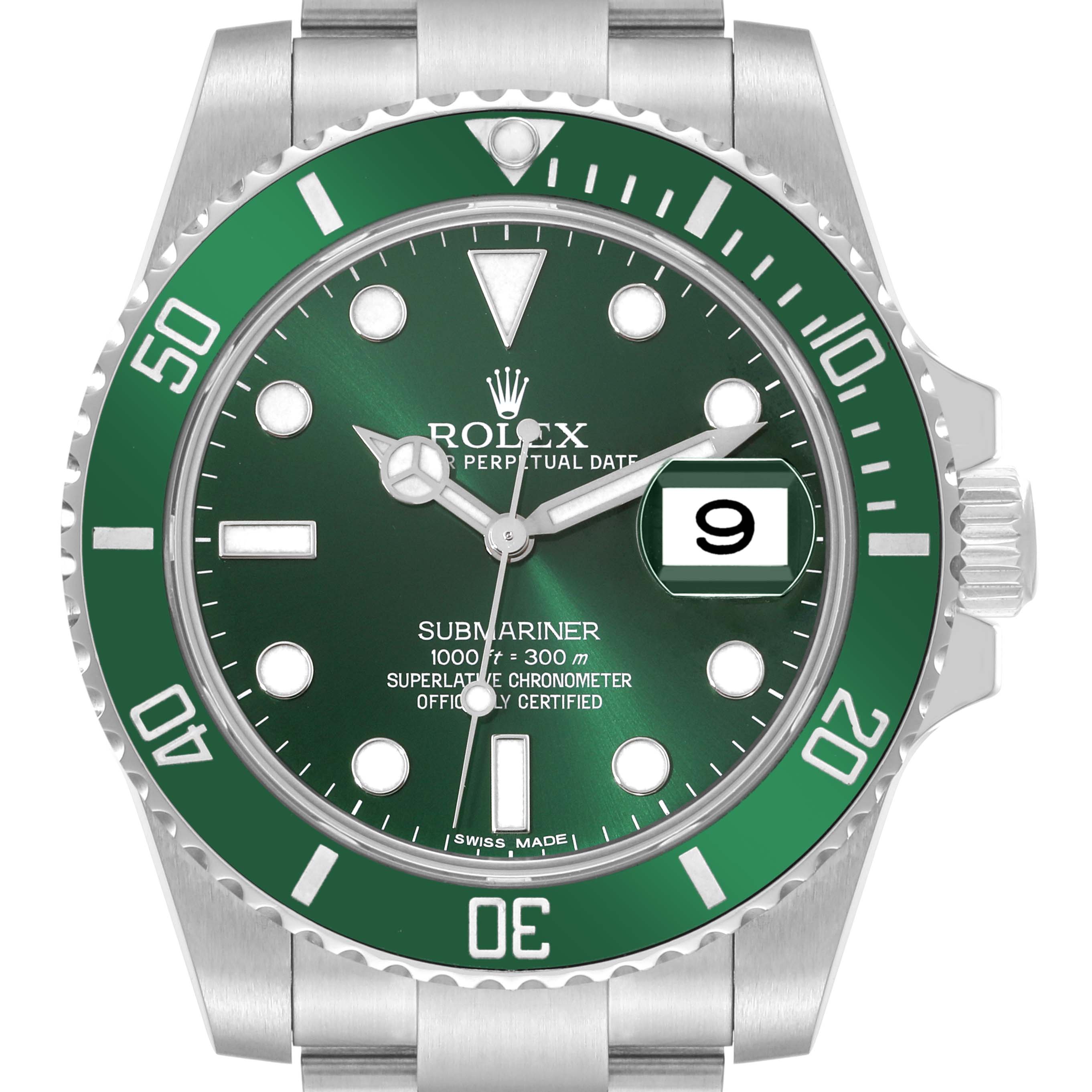 The image shows a frontal view of a Rolex Submariner 116610LV Men's Stainless Steel Green Dial 116610LV Men's Stainless Steel Green Dial watch, highlighting its green bezel, dial, and date window.
