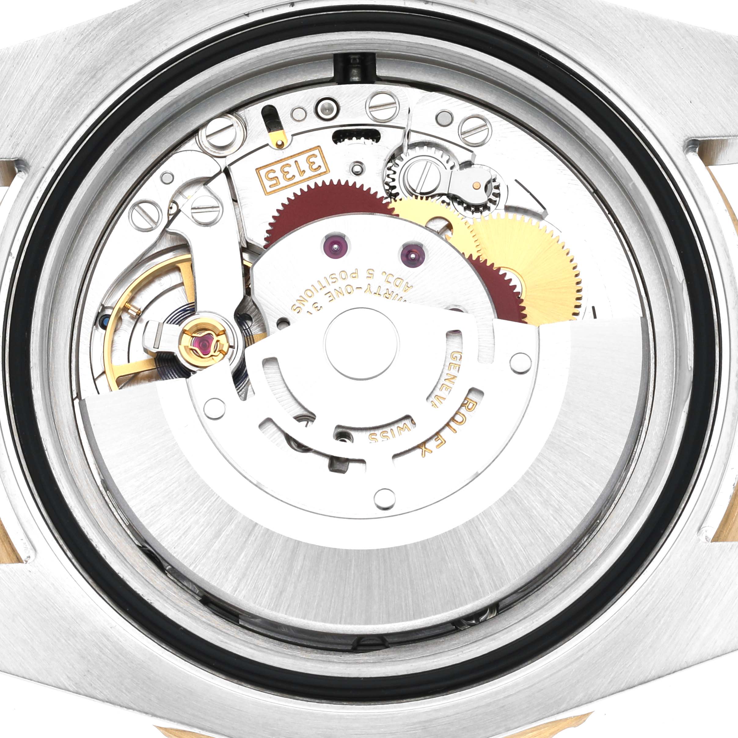 This image shows the movement and internal mechanisms of a Rolex Submariner 116613LN Men
s Steel and Gold (two tone) Black Dial 116613LN Men
s Steel and Gold (two tone) Black Dial watch from the back angle.