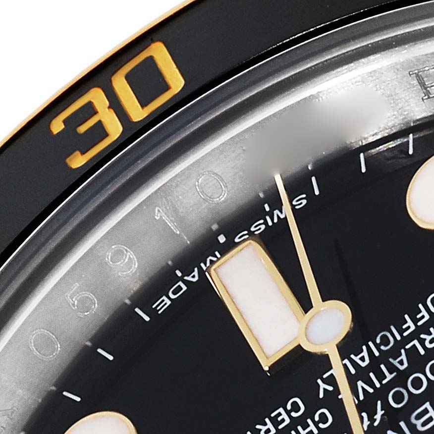 The image shows a close-up of the dial and bezel, including the "30" marker, on a Rolex Submariner 116613LN Men
s Steel and Gold (two tone) Black Dial 116613LN Men
s Steel and Gold (two tone) Black Dial watch.