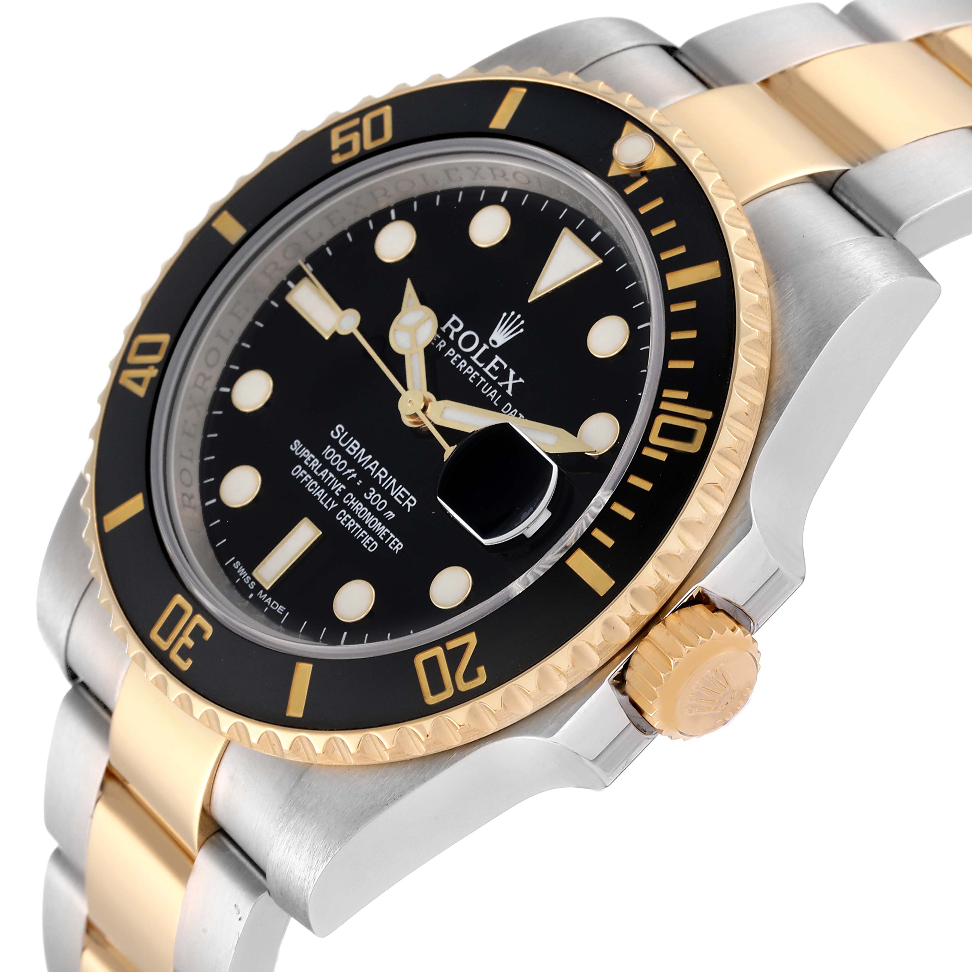 The image shows a close-up side angle of a Rolex Submariner 116613LN Men
s Steel and Gold (two tone) Black Dial 116613LN Men
s Steel and Gold (two tone) Black Dial, highlighting its black dial, bezel, and two-tone metal bracelet.