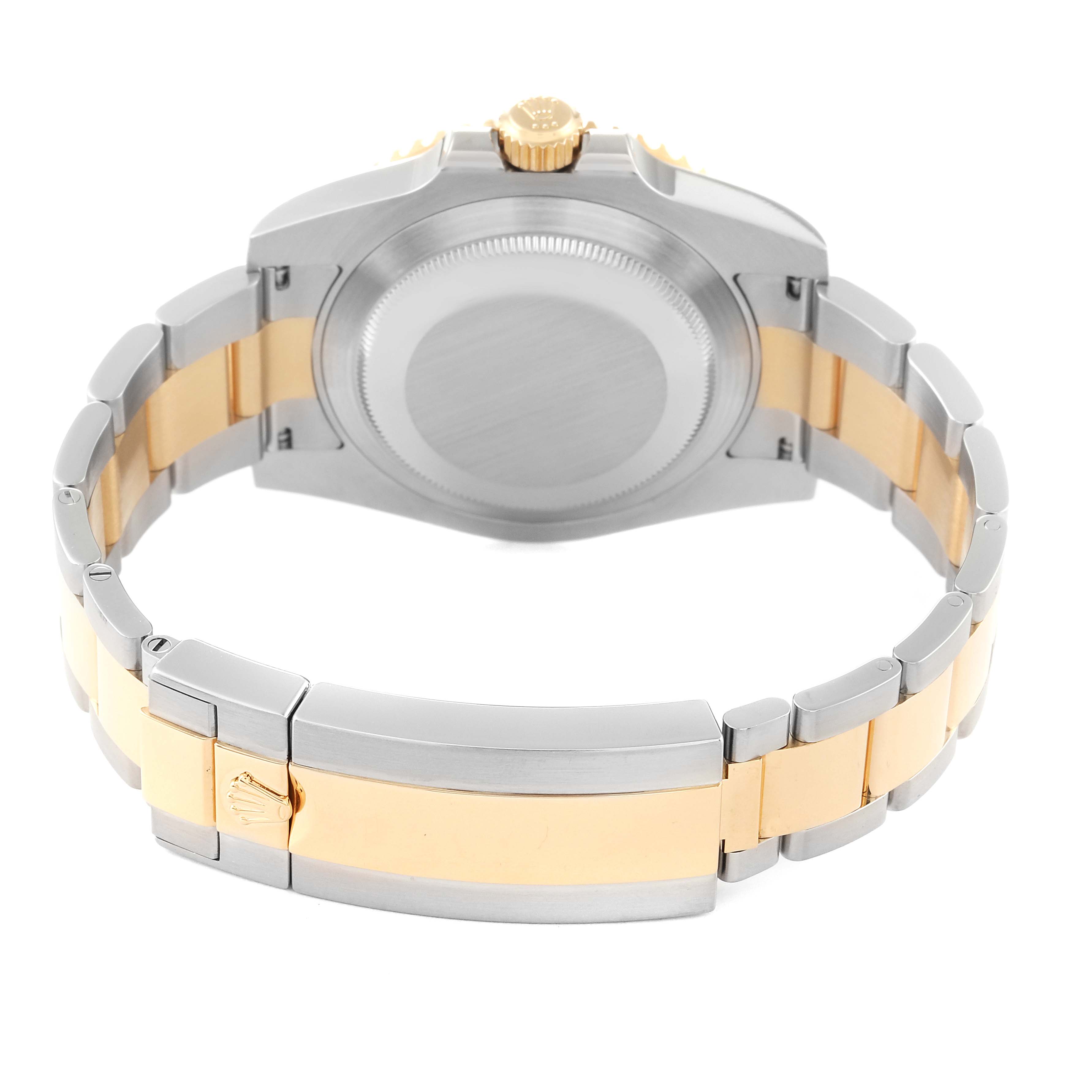 This image shows the case back and bracelet of a Rolex Submariner 116613LN Men
s Steel and Gold (two tone) Black Dial 116613LN Men
s Steel and Gold (two tone) Black Dial watch from a rear angle.