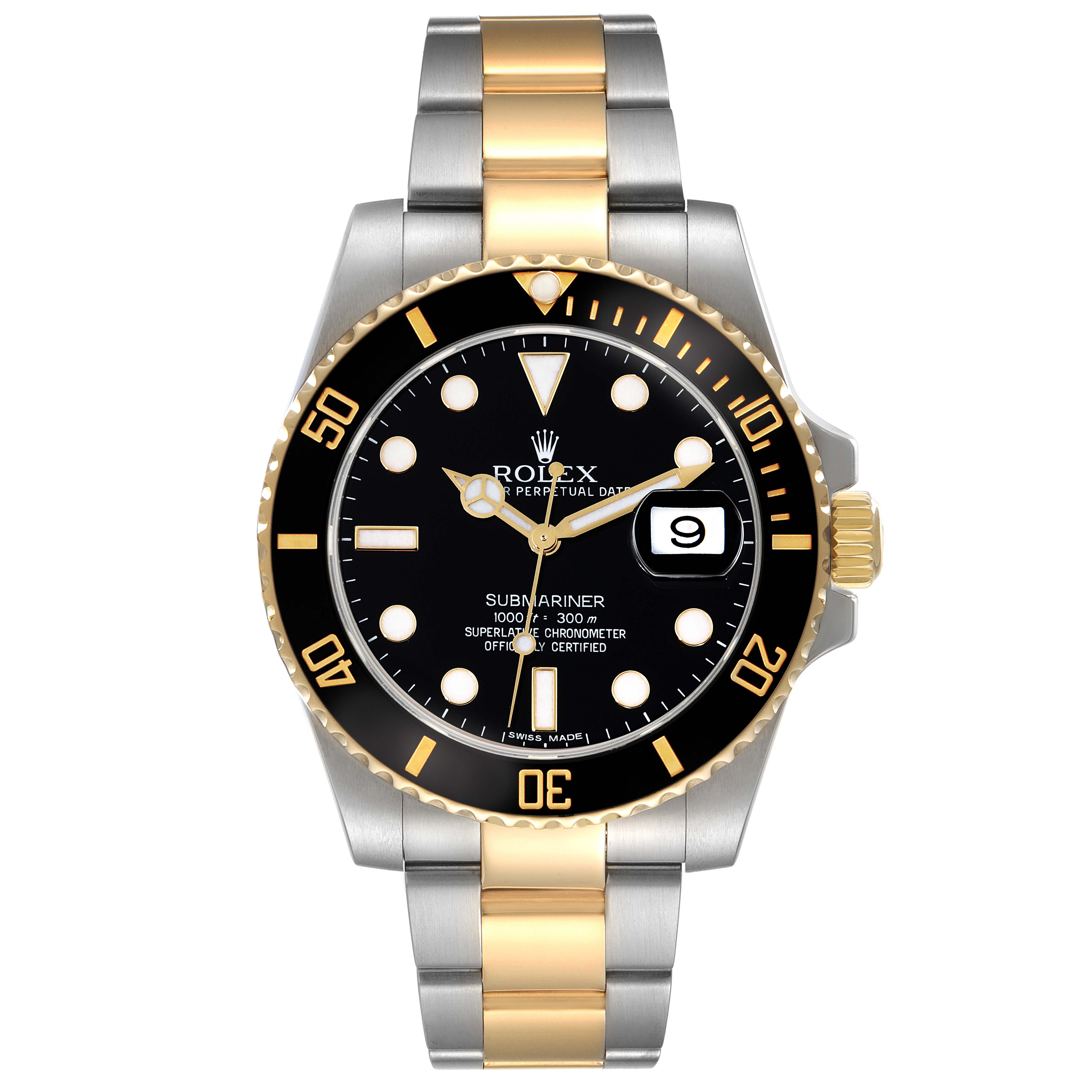 The image shows a front angle view of a Rolex Submariner 116613LN Men
s Steel and Gold (two tone) Black Dial 116613LN Men
s Steel and Gold (two tone) Black Dial watch, highlighting its dial, bezel, bracelet, and crown.