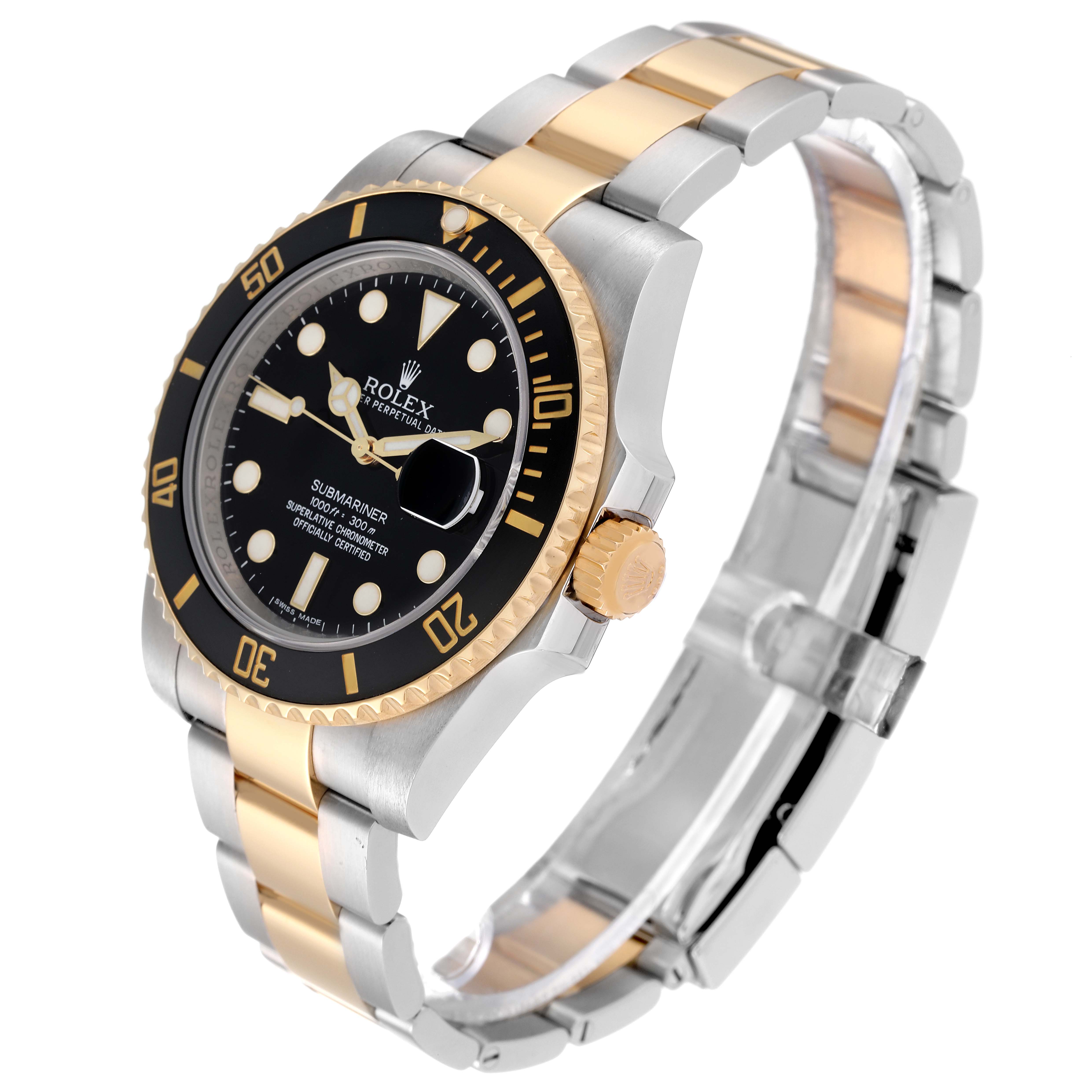 The Rolex Submariner 116613LN Men
s Steel and Gold (two tone) Black Dial 116613LN Men
s Steel and Gold (two tone) Black Dial watch is displayed at a three-quarter angle, showing the face, crown, and two-tone bracelet.