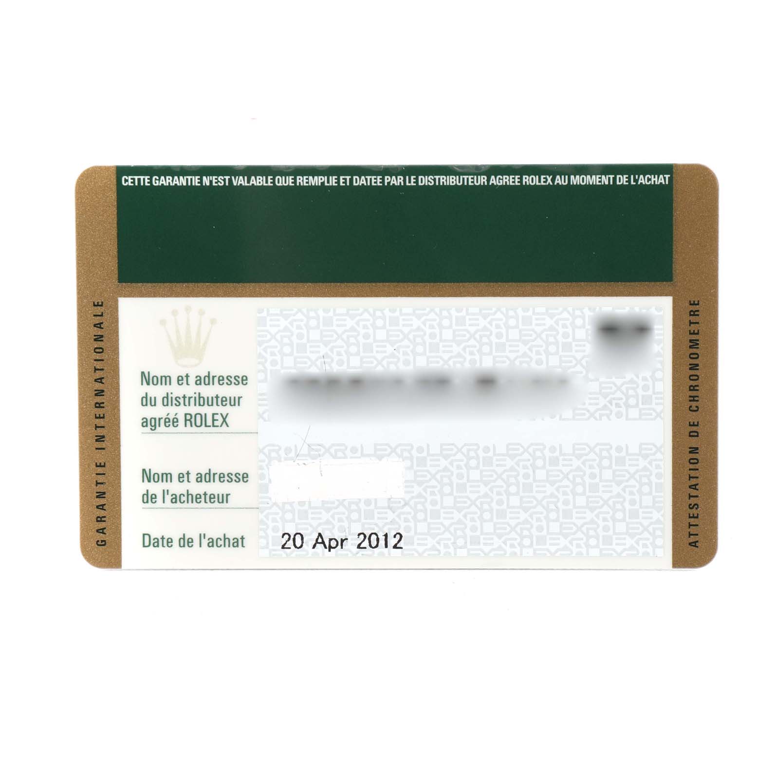 The image shows the warranty card for a Rolex Submariner 116613LN Men
s Steel and Gold (two tone) Black Dial 116613LN Men
s Steel and Gold (two tone) Black Dial watch, displaying purchase details and the retailer’s information.