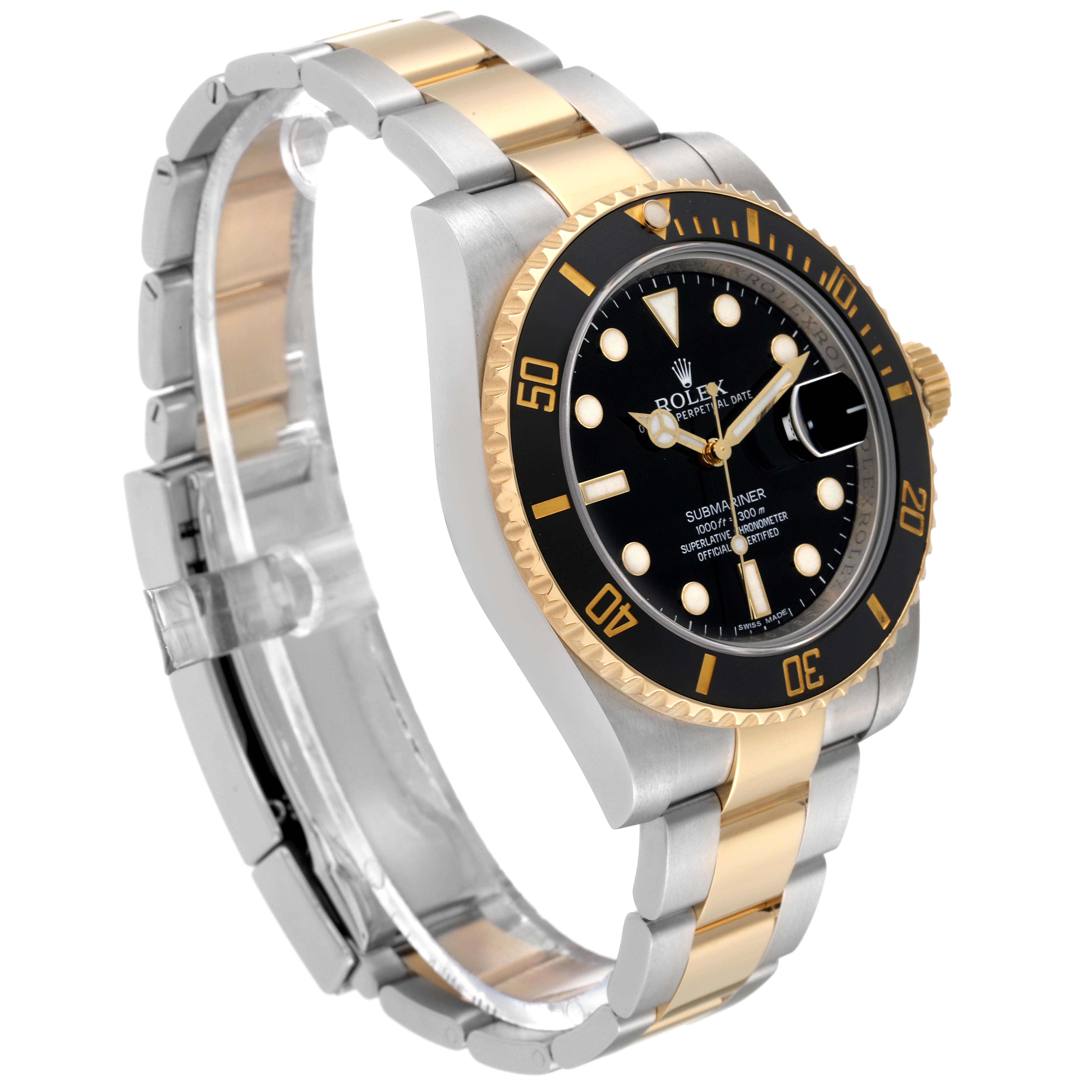 This image shows a side and slightly oblique view of a Rolex Submariner 116613LN Men
s Steel and Gold (two tone) Black Dial 116613LN Men
s Steel and Gold (two tone) Black Dial watch, highlighting the bezel, dial, and bracelet.