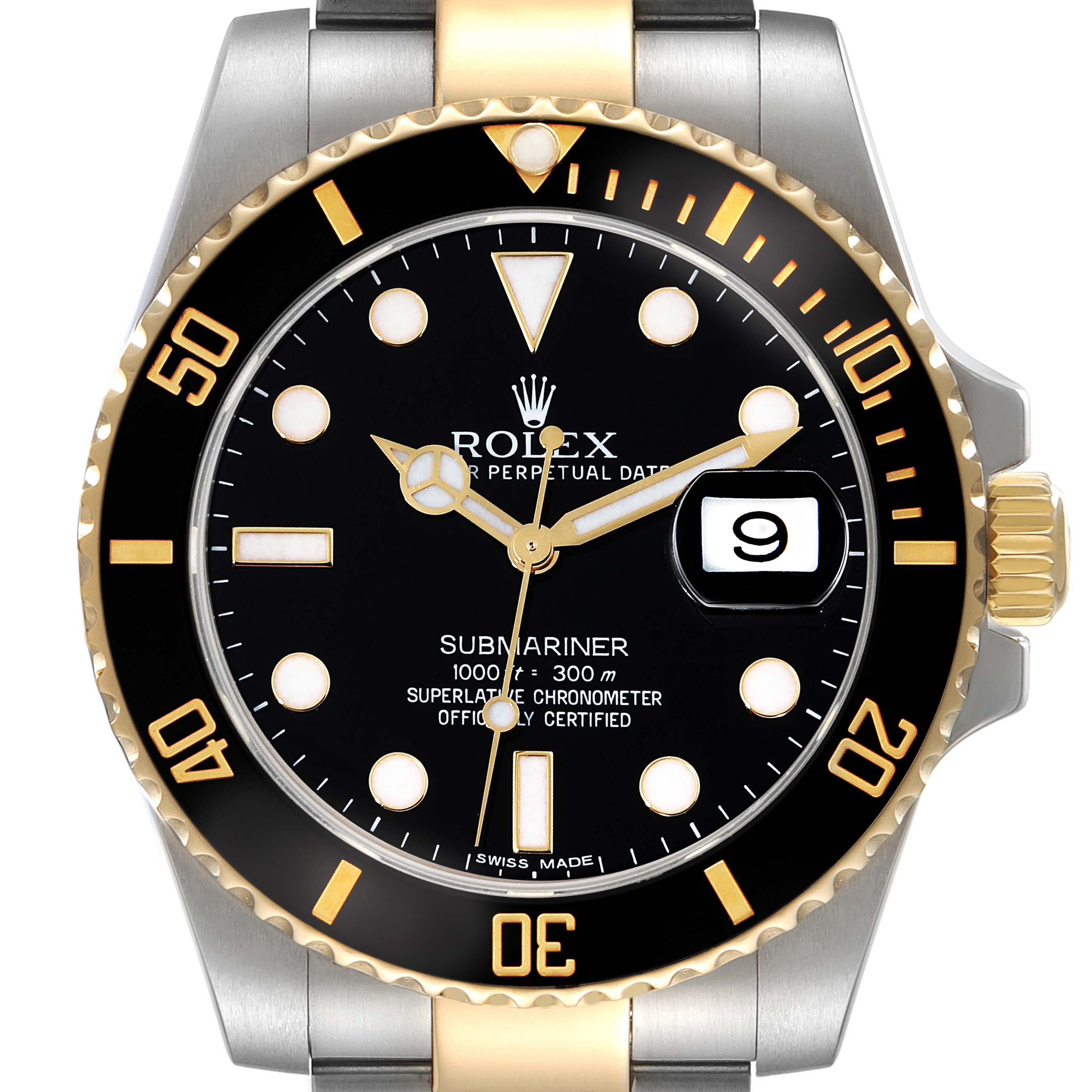 This image shows a Rolex Submariner 116613LN Men
s Steel and Gold (two tone) Black Dial 116613LN Men
s Steel and Gold (two tone) Black Dial watch head-on, highlighting the dial, bezel, crown, and part of the bracelet.