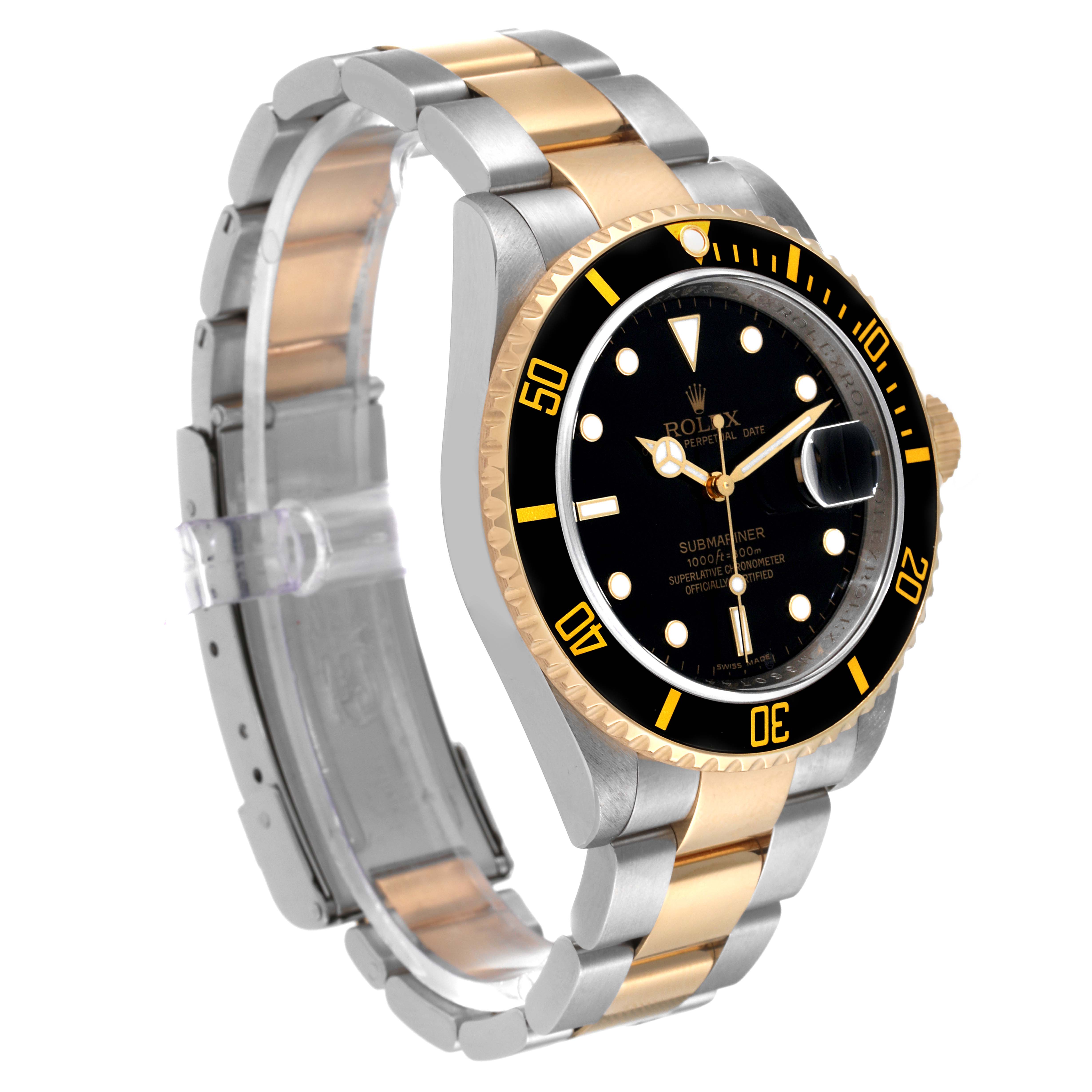 The image shows the Rolex Submariner 16613 Men's Steel and Gold (two tone) Black Dial 16613 Men's Steel and Gold (two tone) Black Dial watch at an angle, displaying its black dial, two-tone bracelet, and unidirectional bezel.