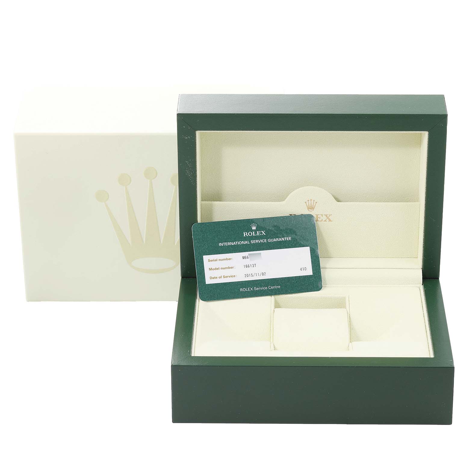 This image shows a Rolex Submariner 16613 Men's Steel and Gold (two tone) Black Dial 16613 Men's Steel and Gold (two tone) Black Dial watch box and an international service guarantee card.