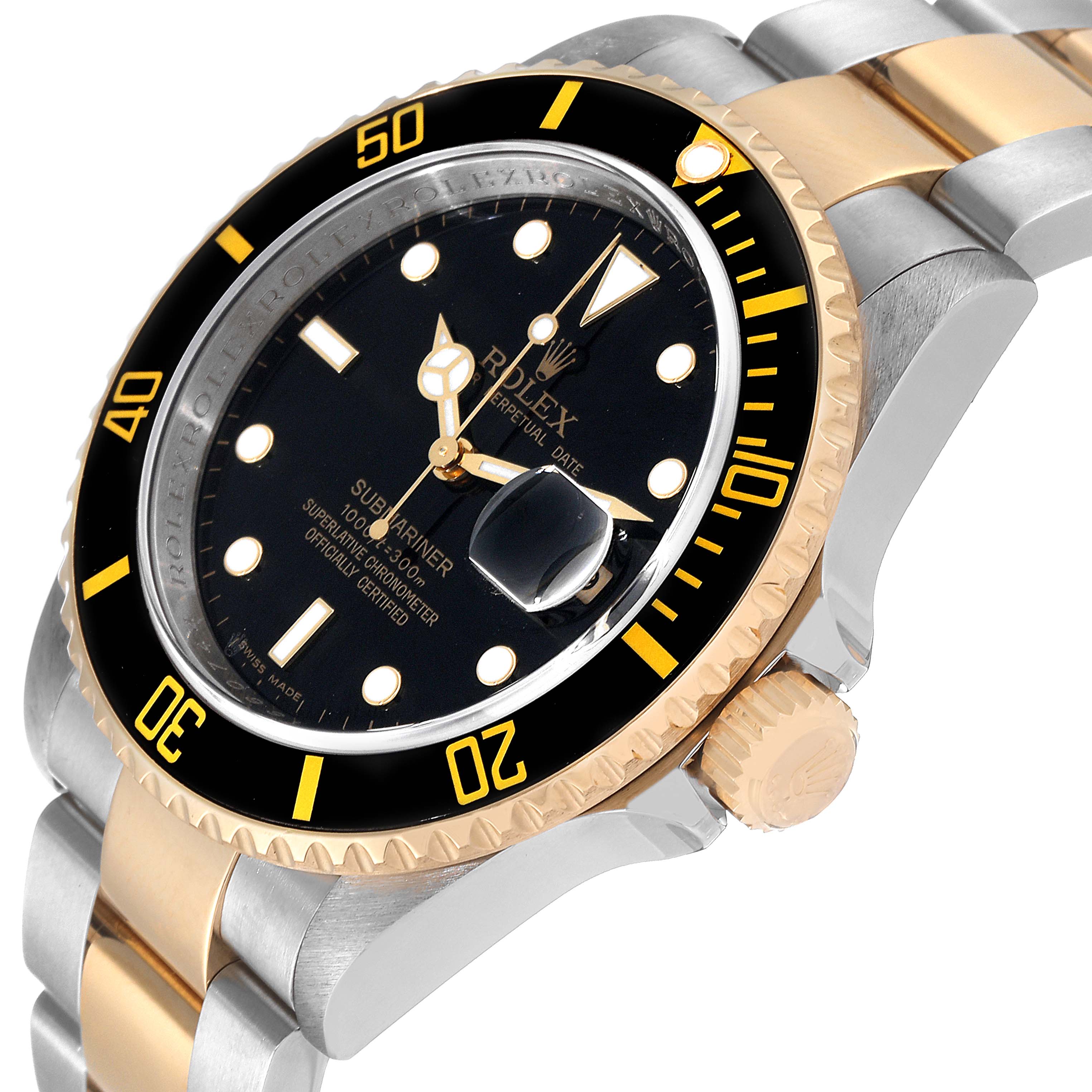 The image shows a Rolex Submariner 16613 Men's Steel and Gold (two tone) Black Dial 16613 Men's Steel and Gold (two tone) Black Dial watch at an oblique angle, highlighting the bezel, crown, and two-tone bracelet.