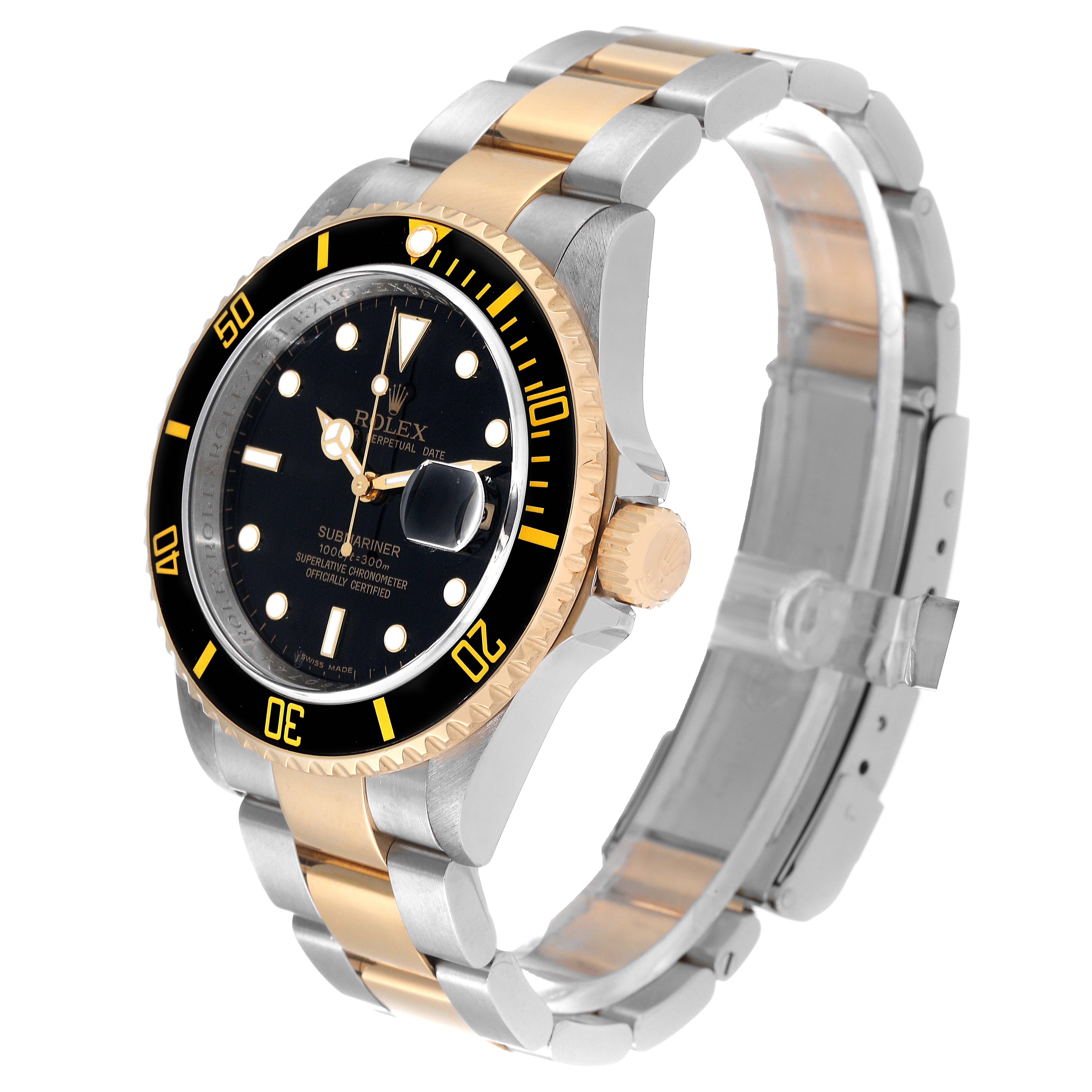 The Rolex Submariner 16613 Men's Steel and Gold (two tone) Black Dial 16613 Men's Steel and Gold (two tone) Black Dial watch is shown at an angle highlighting its black dial, rotating bezel, and two-tone bracelet.