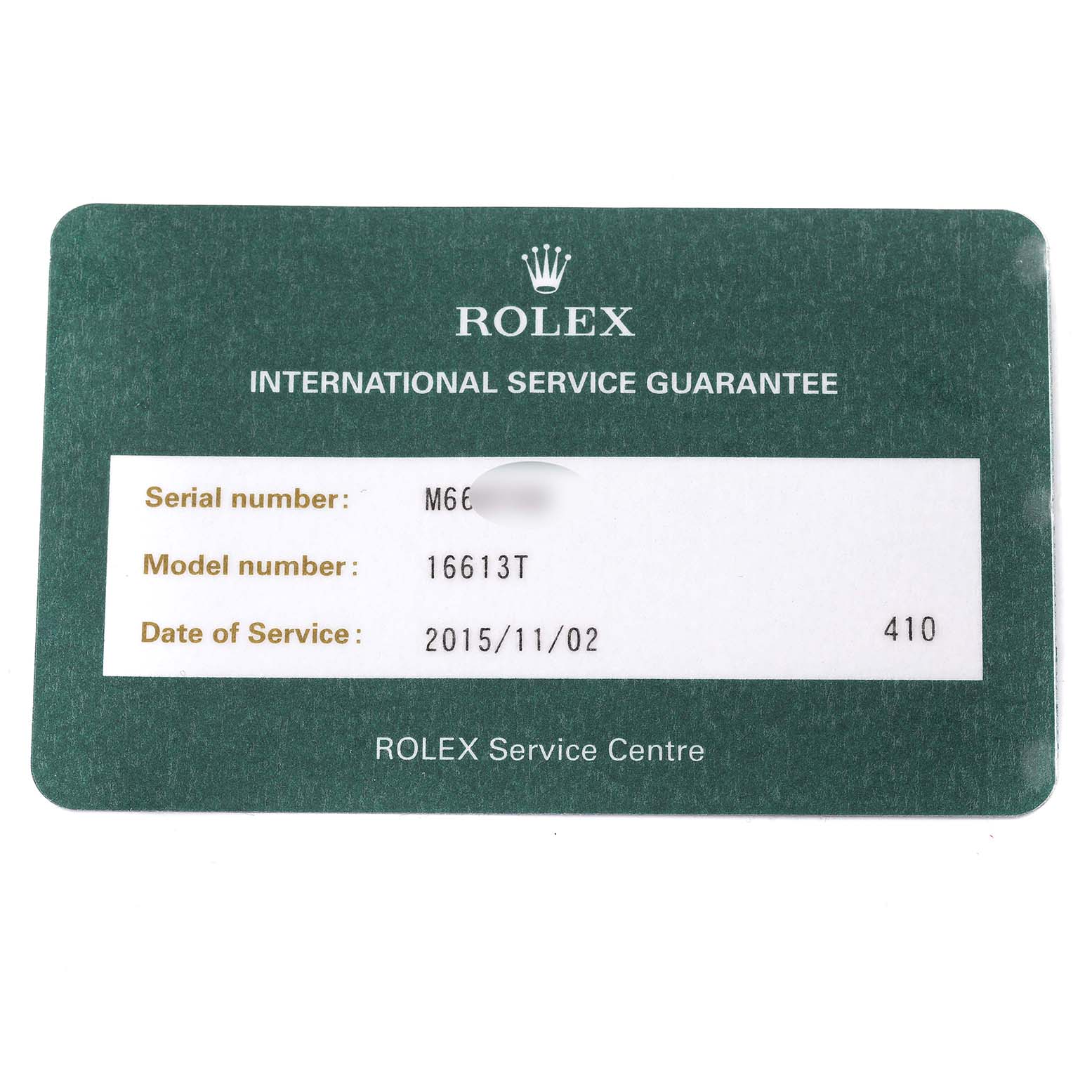 This image shows a Rolex International Service Guarantee card for the Submariner model 16613T.
