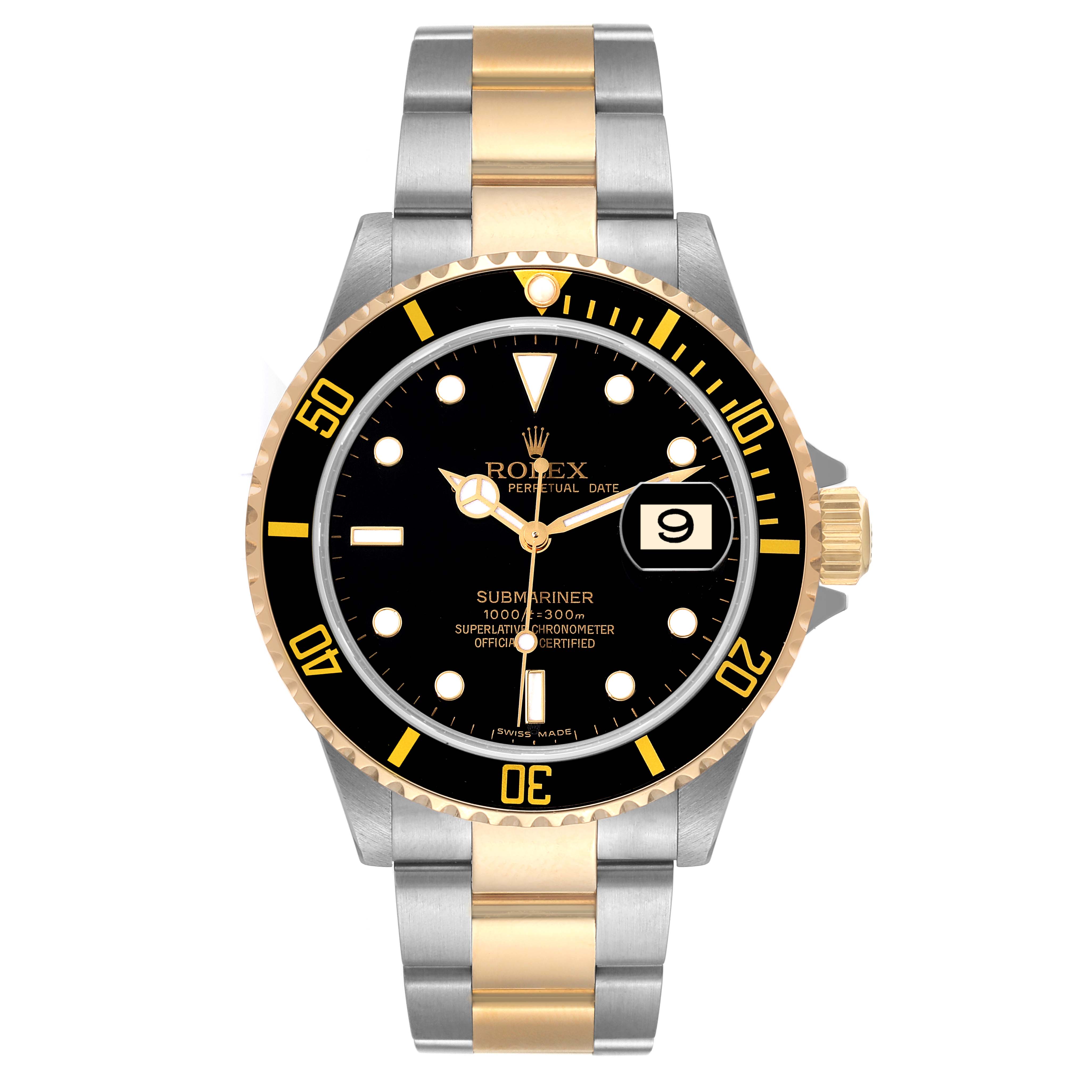 This image shows a Rolex Submariner 16613 Men's Steel and Gold (two tone) Black Dial 16613 Men's Steel and Gold (two tone) Black Dial watch from a front angle, highlighting its black dial, date feature, and two-tone metal bracelet.