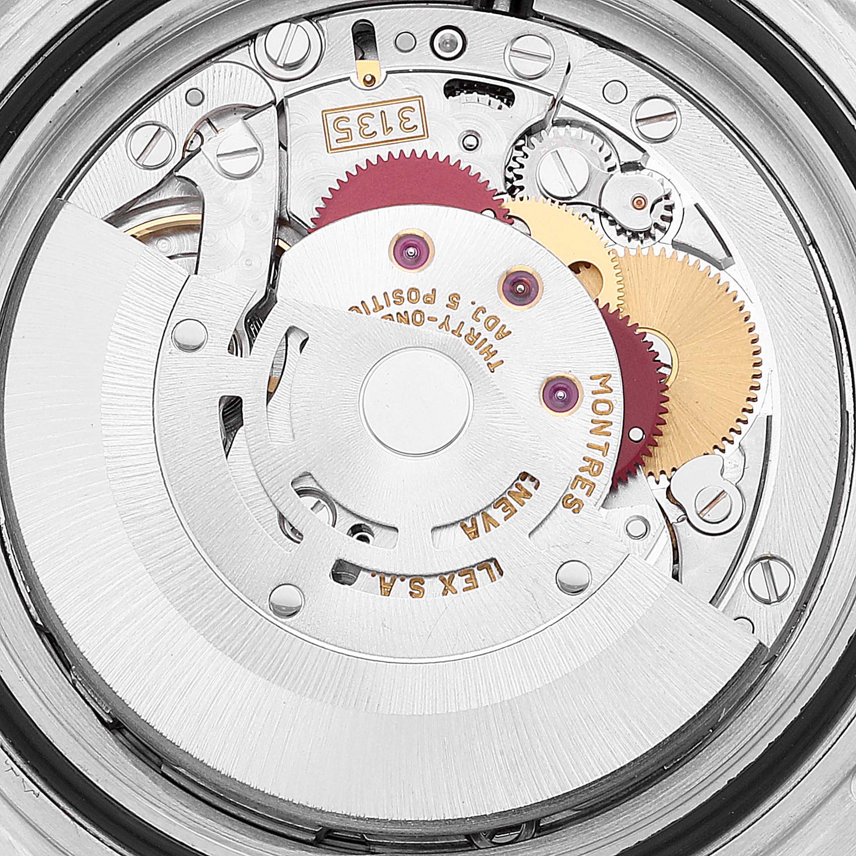 This image shows a close-up of the Rolex Submariner 16613 Men's Steel and Gold (two tone) Black Dial 16613 Men's Steel and Gold (two tone) Black Dial watch's inner mechanical movement from an overhead angle.