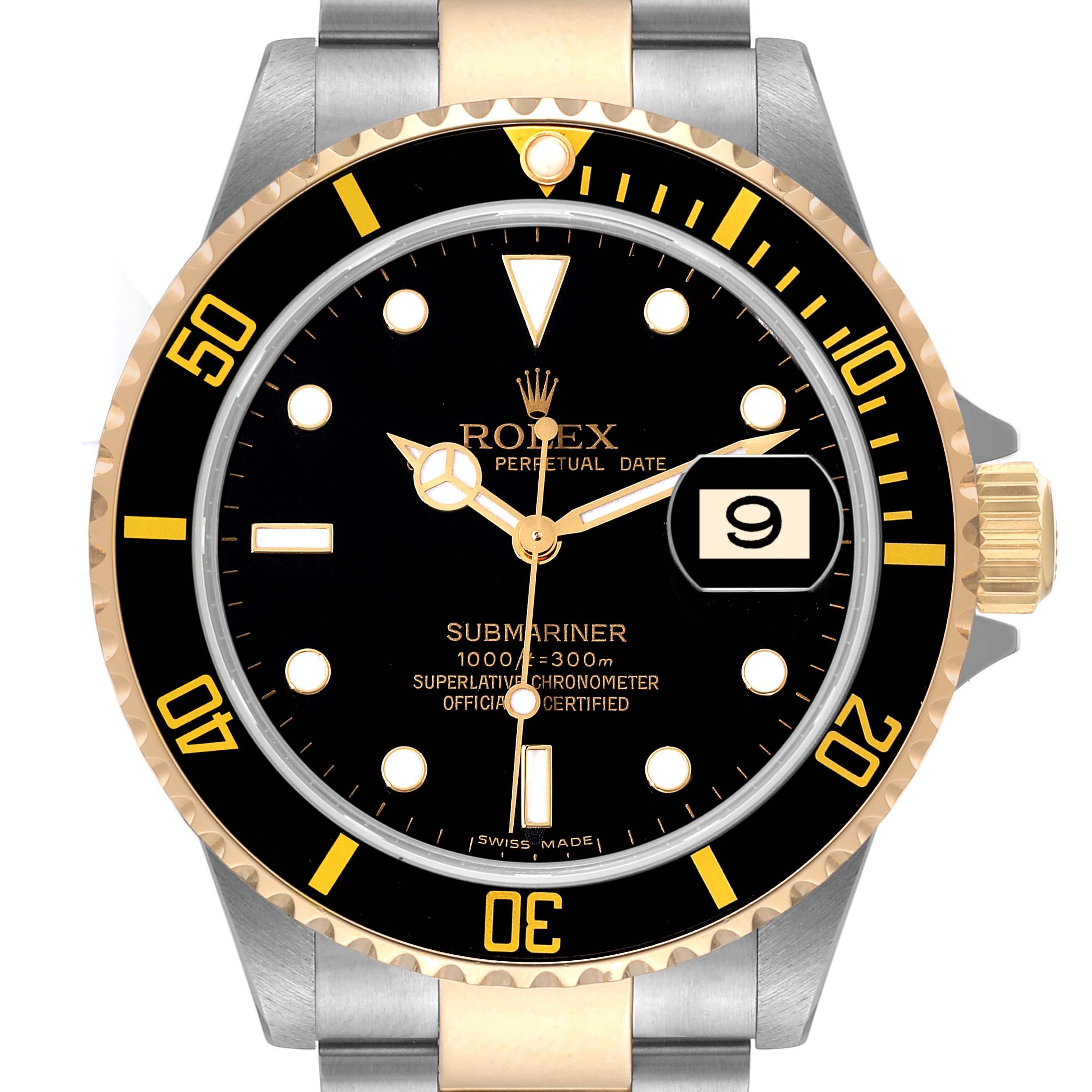 The image shows a front view of a Rolex Submariner 16613 Men's Steel and Gold (two tone) Black Dial 16613 Men's Steel and Gold (two tone) Black Dial watch, highlighting its dial, bezel, and date window.