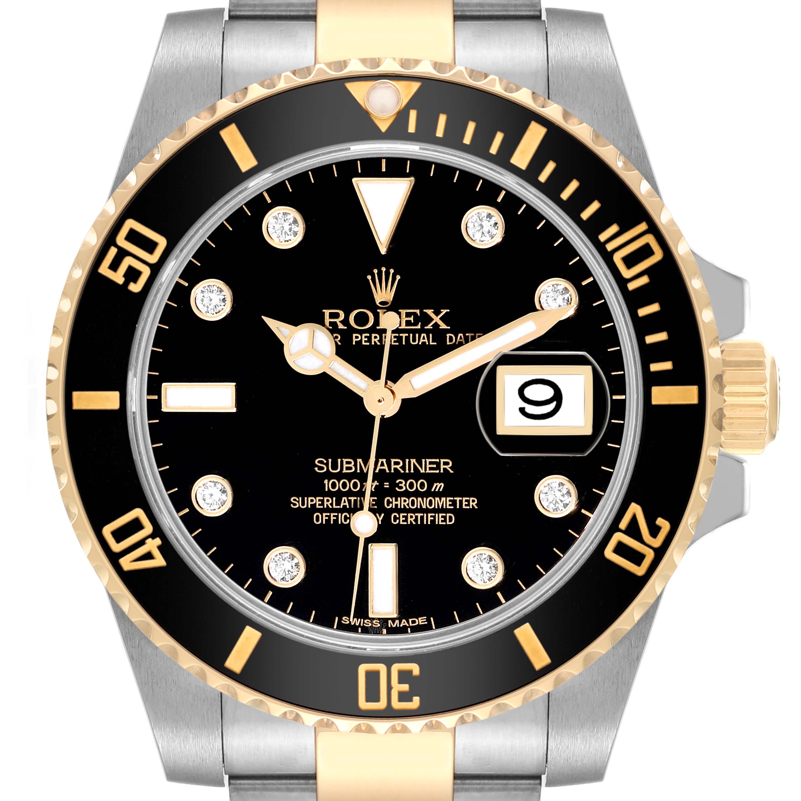 The image shows a Rolex Submariner 116613 Men
s Steel and Gold (two tone) Black Dial 116613 Men
s Steel and Gold (two tone) Black Dial watch face from the front, highlighting its bezel, dial, and date window.