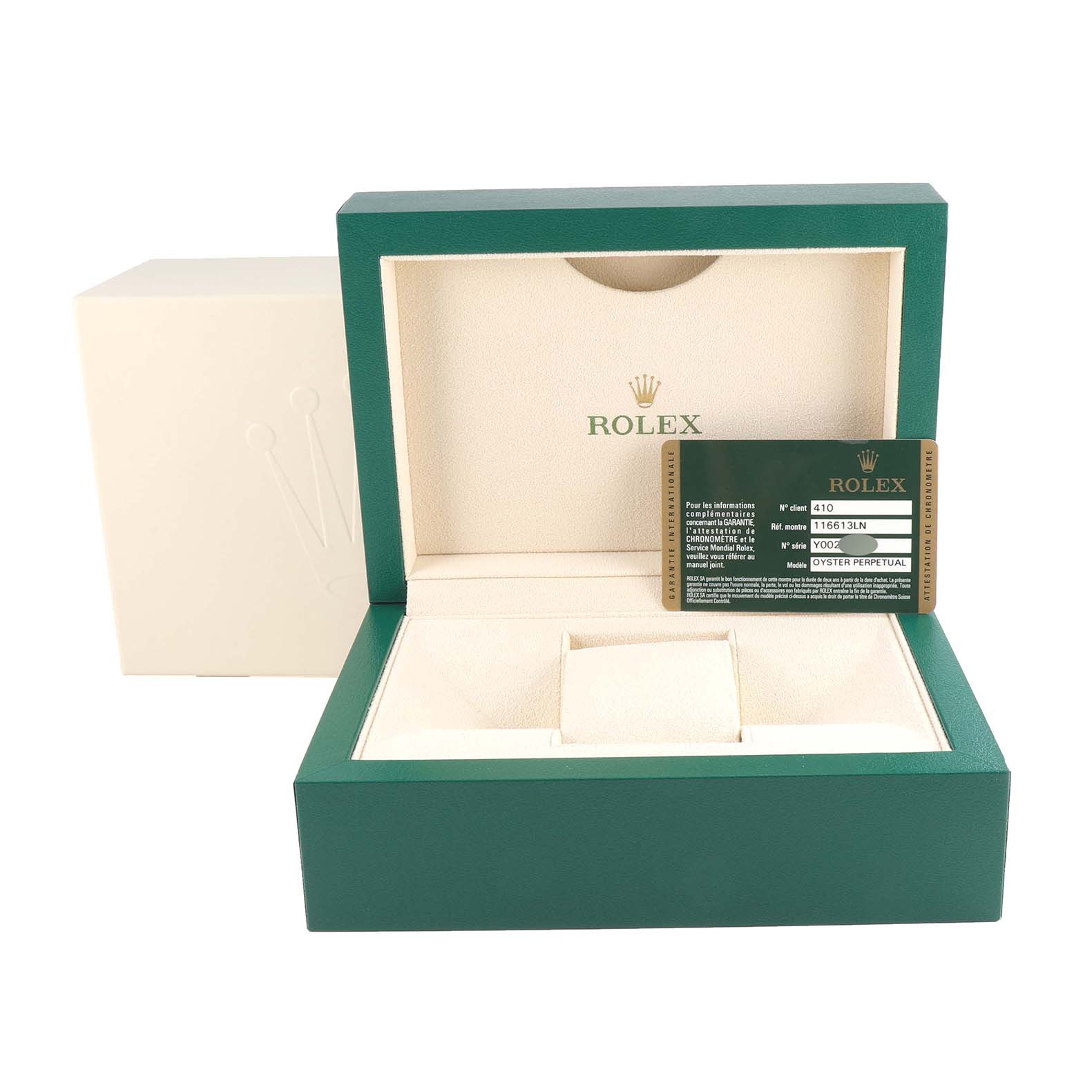 The image shows a Rolex Submariner 116613 Men
s Steel and Gold (two tone) Black Dial 116613 Men
s Steel and Gold (two tone) Black Dial watch box and warranty card, with the box open and the card displayed inside.