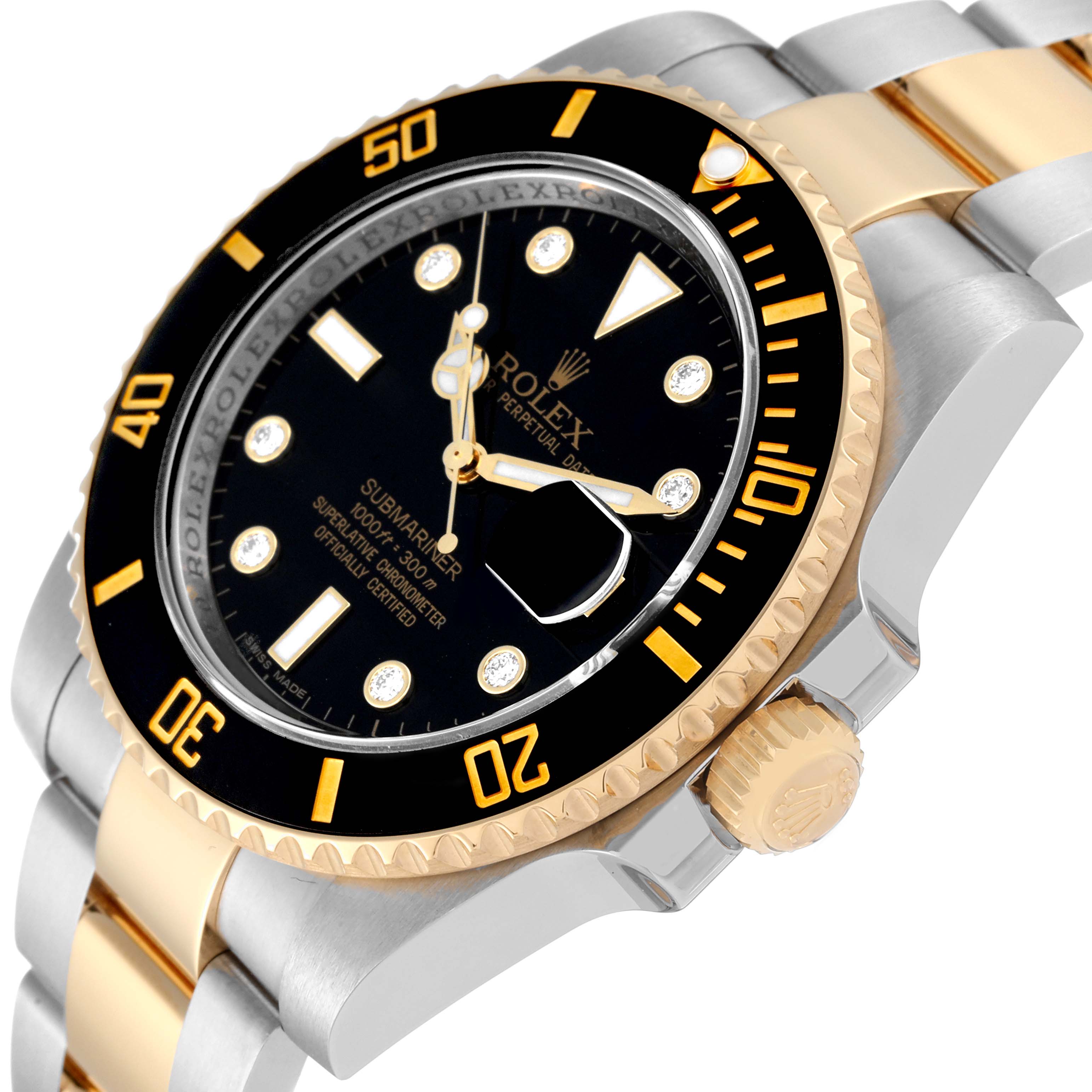 The image shows a side angle of the Rolex Submariner 116613 Men
s Steel and Gold (two tone) Black Dial 116613 Men
s Steel and Gold (two tone) Black Dial watch, highlighting its black dial, gold bezel, and two-tone bracelet.