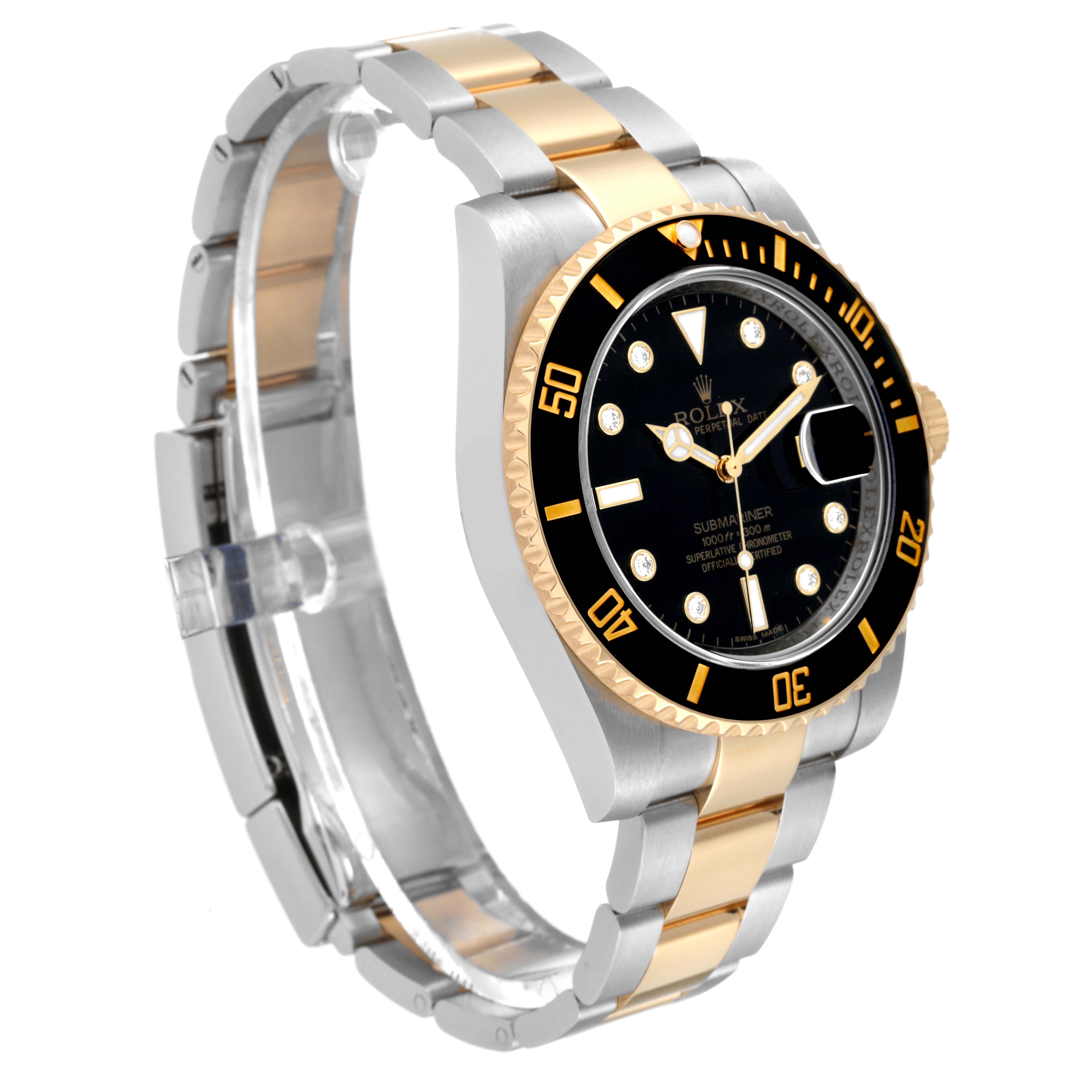 This Rolex Submariner 116613 Men
s Steel and Gold (two tone) Black Dial 116613 Men
s Steel and Gold (two tone) Black Dial watch is shown at a three-quarter angle, highlighting the bezel, face, and two-tone bracelet.
