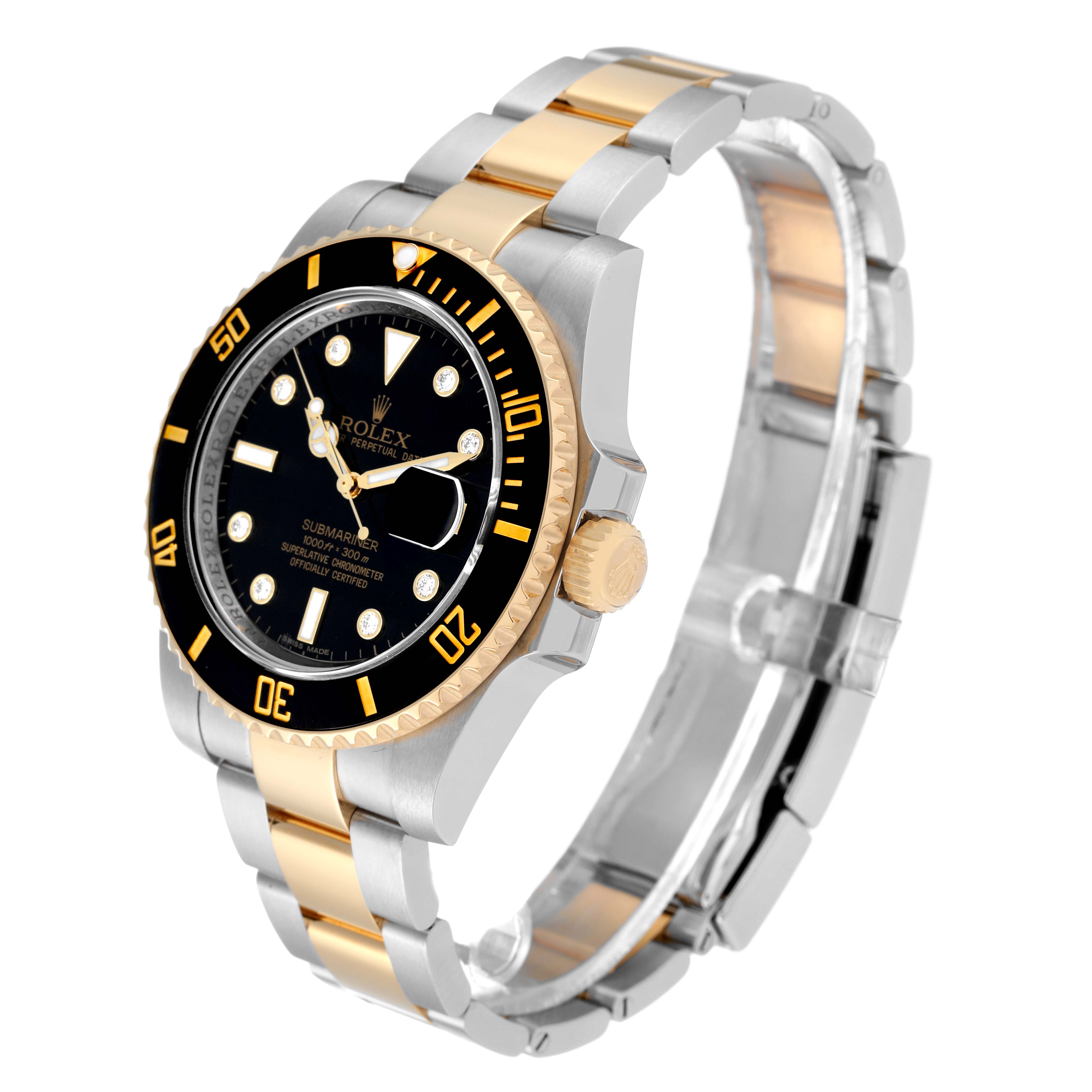 The Rolex Submariner 116613 Men
s Steel and Gold (two tone) Black Dial 116613 Men
s Steel and Gold (two tone) Black Dial watch is shown at a three-quarter angle, highlighting its bezel, dial, crown, and two-tone bracelet.