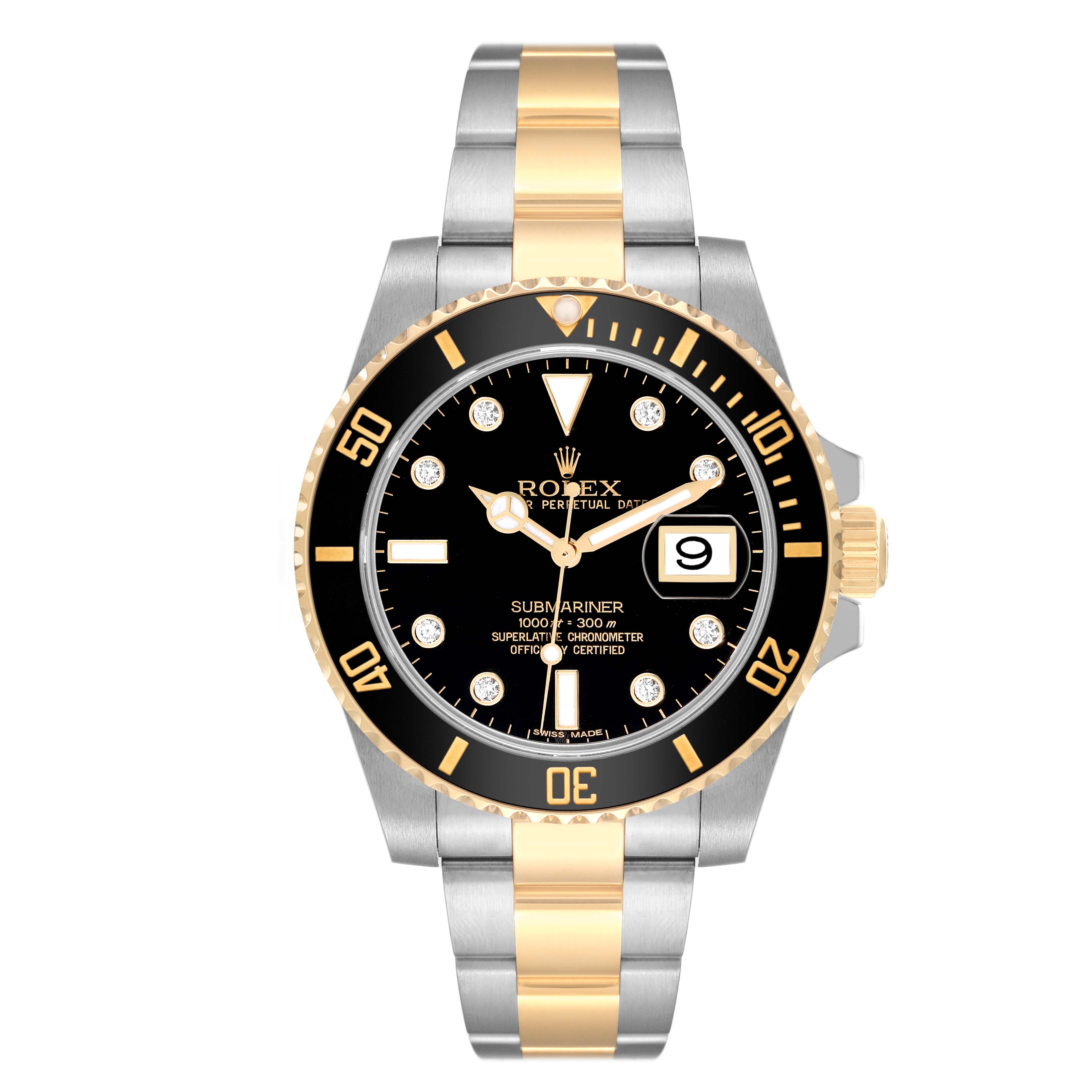 The image shows a front view of the Rolex Submariner 116613 Men
s Steel and Gold (two tone) Black Dial 116613 Men
s Steel and Gold (two tone) Black Dial watch, highlighting its dial, bezel, and two-tone bracelet.