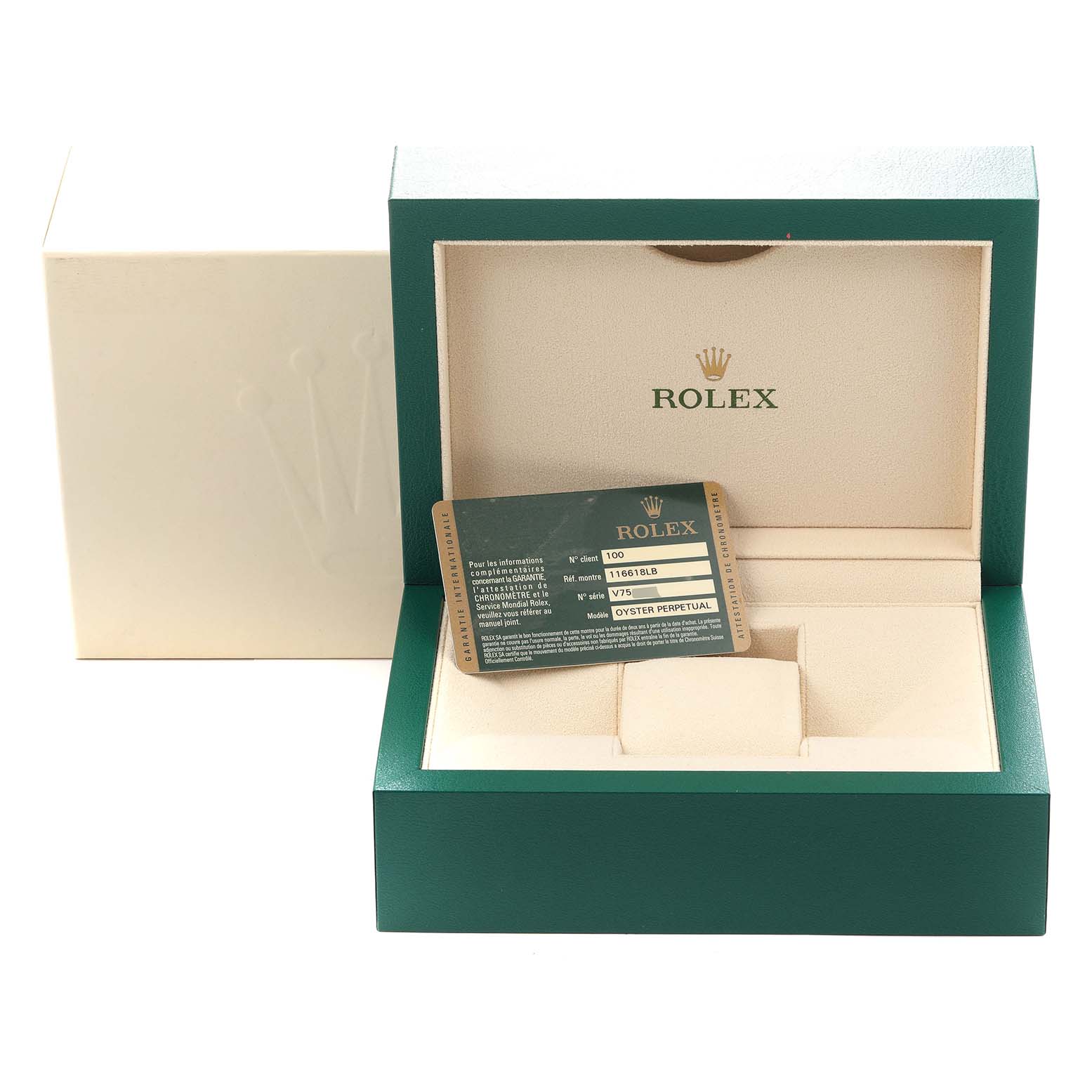 The image shows a Rolex Submariner 116618LB Men's Yellow Gold Blue Dial 116618LB Men's Yellow Gold Blue Dial box open with the interior and a guarantee card displayed.