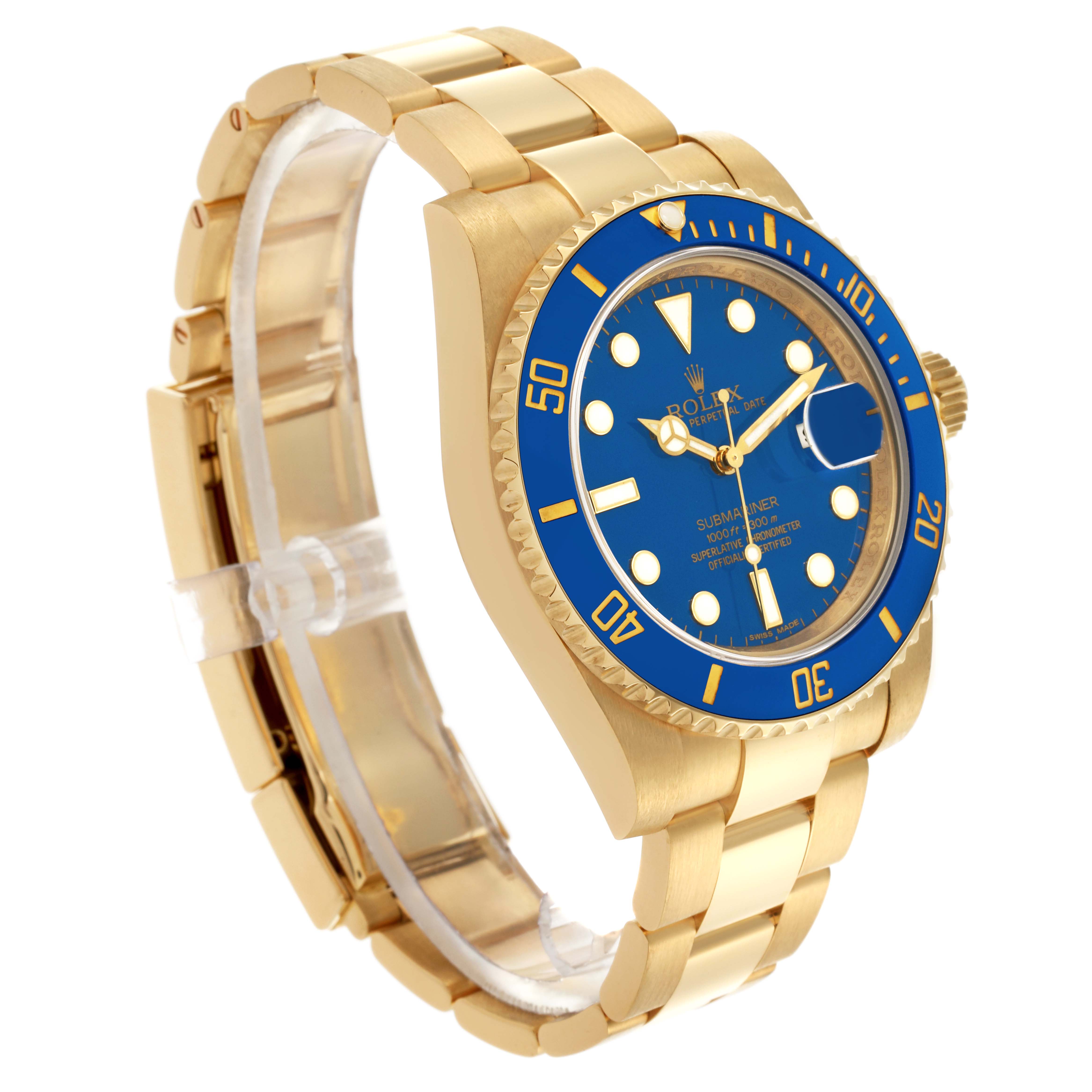 The Rolex Submariner 116618LB Men's Yellow Gold Blue Dial 116618LB Men's Yellow Gold Blue Dial is shown at a three-quarter angle, highlighting the blue bezel, dial, and gold bracelet.