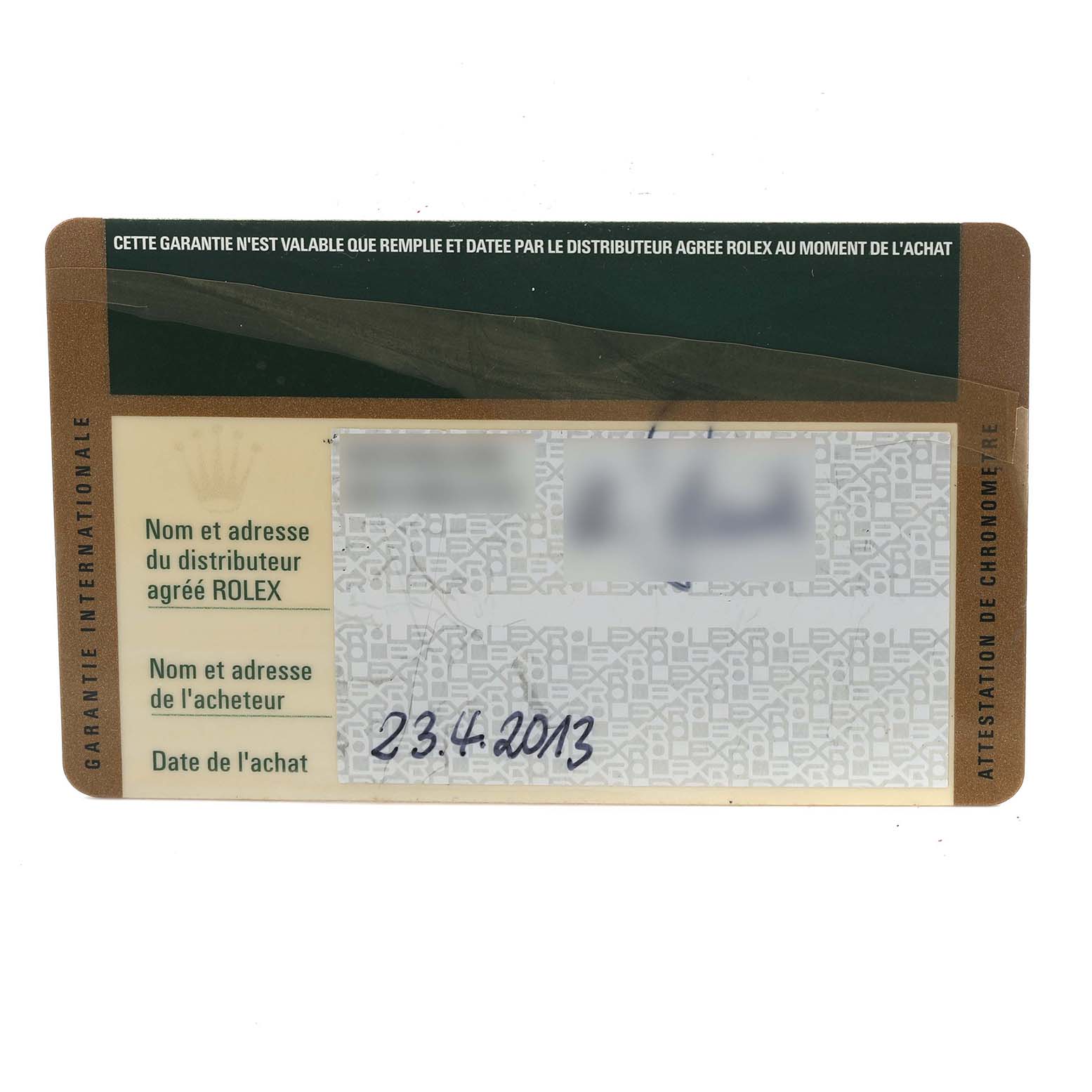 The image shows a Rolex Submariner 116618LB Men's Yellow Gold Blue Dial 116618LB Men's Yellow Gold Blue Dial warranty card, dated and including dealer and buyer information sections.