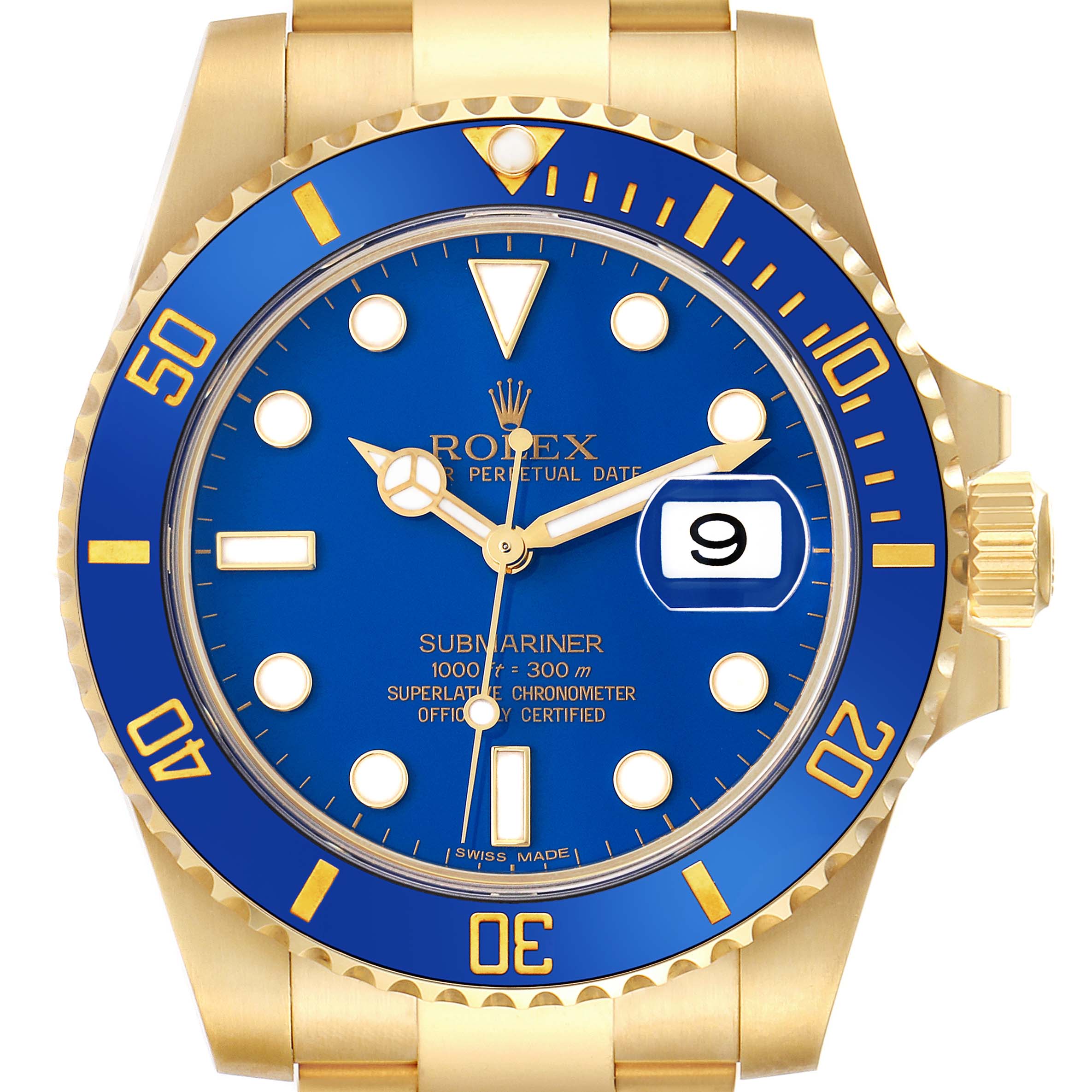 The Rolex Submariner 116618LB Men's Yellow Gold Blue Dial 116618LB Men's Yellow Gold Blue Dial is shown from a front angle, highlighting its blue dial, bezel, and gold bracelet.