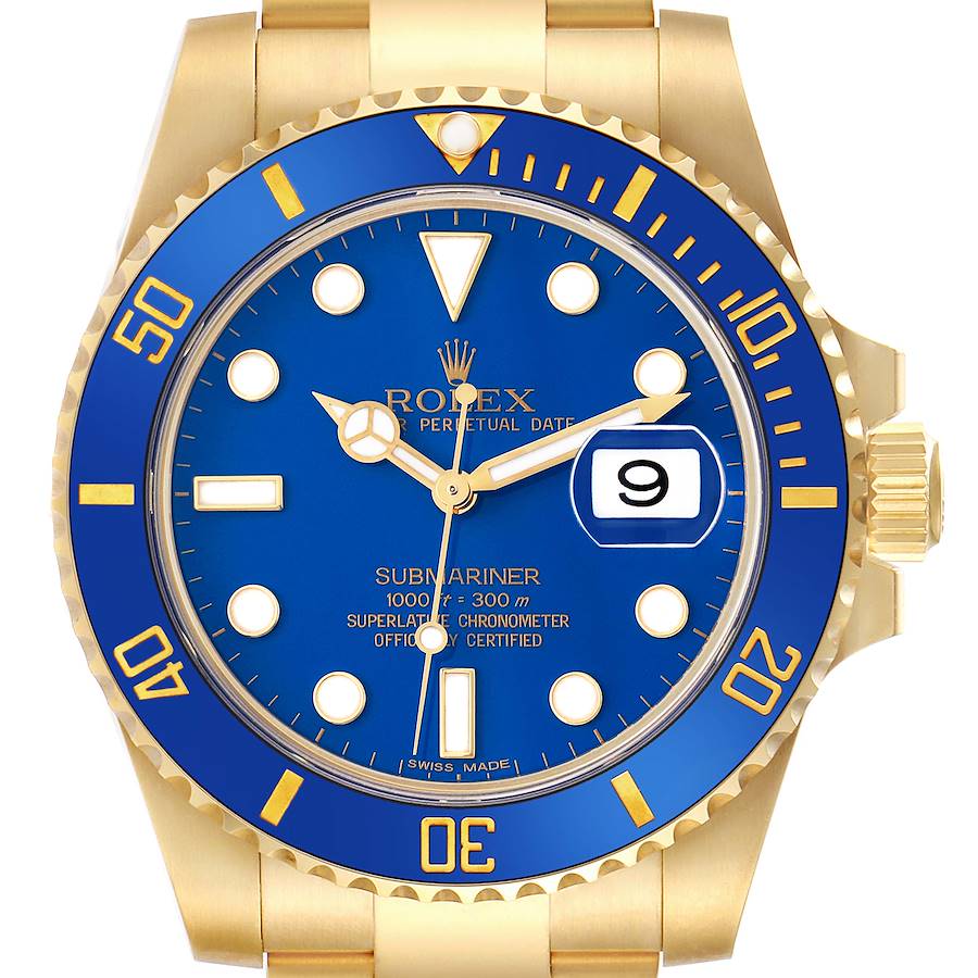 The Rolex Submariner is shown from a front angle, highlighting its blue dial, bezel, and gold bracelet.