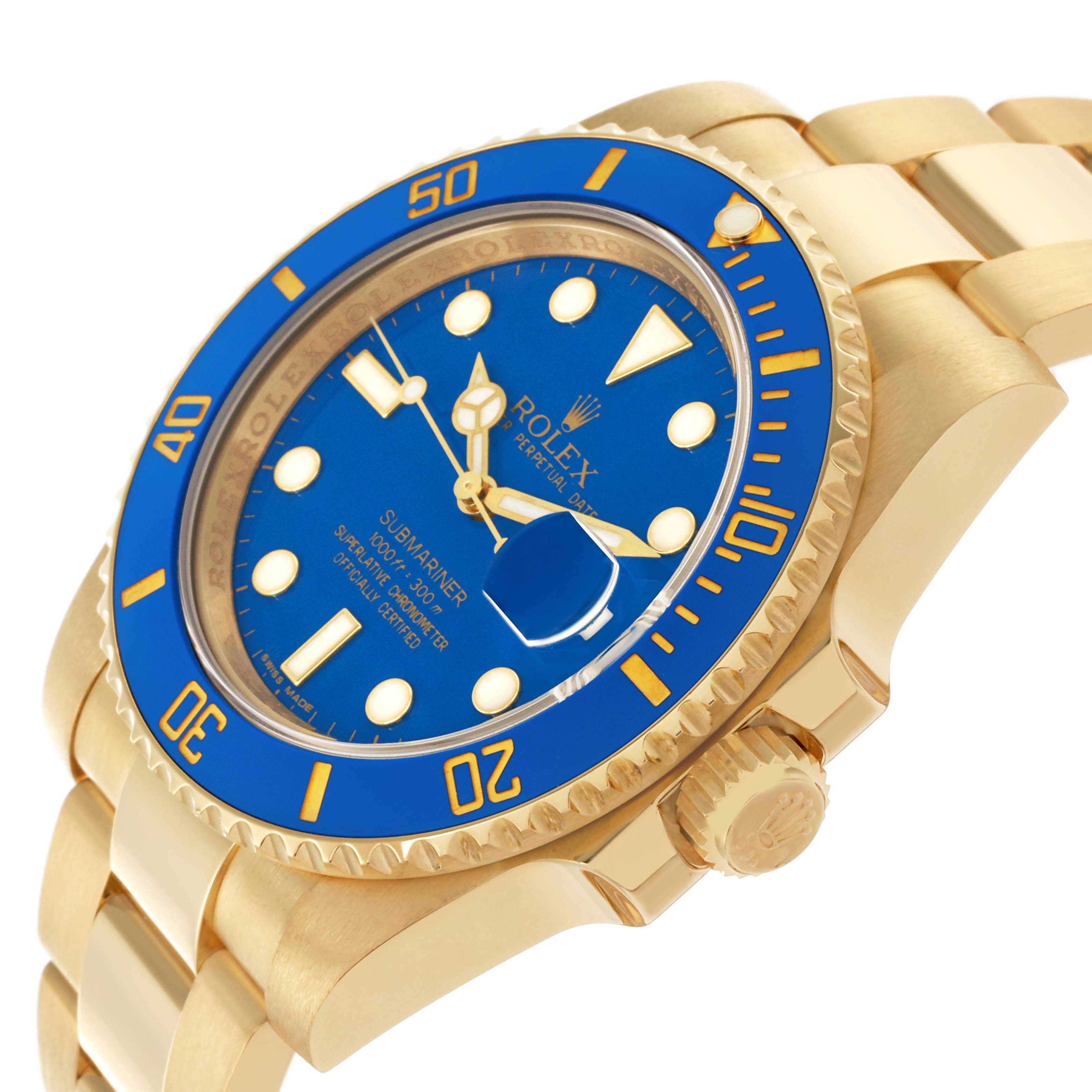The Rolex Submariner 116618LB Men's Yellow Gold Blue Dial 116618LB Men's Yellow Gold Blue Dial watch is shown at an angle highlighting the blue bezel, dial, crown, and gold bracelet.