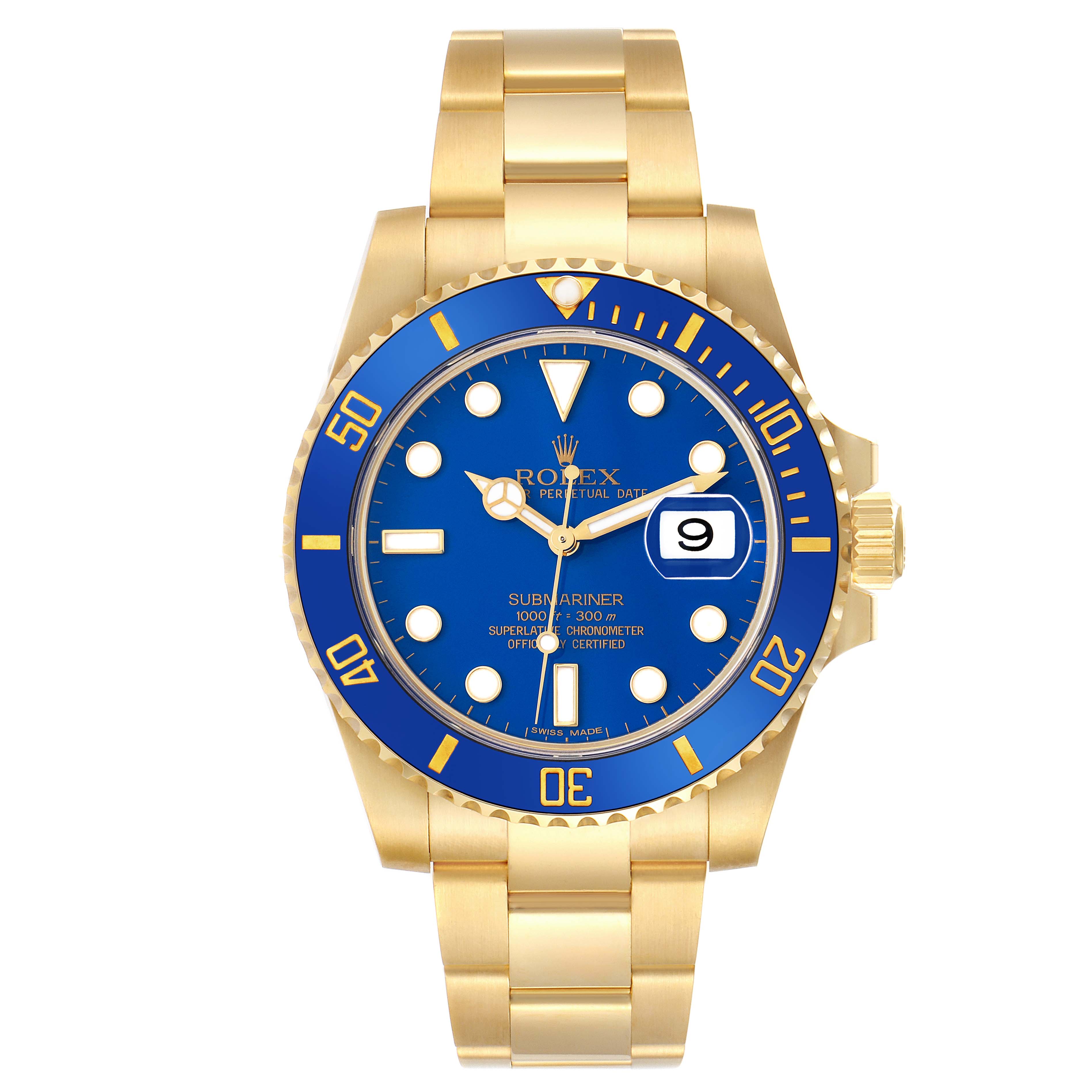 The Rolex Submariner 116618LB Men's Yellow Gold Blue Dial 116618LB Men's Yellow Gold Blue Dial watch is shown from the front, highlighting its blue dial, gold bezel, and bracelet.