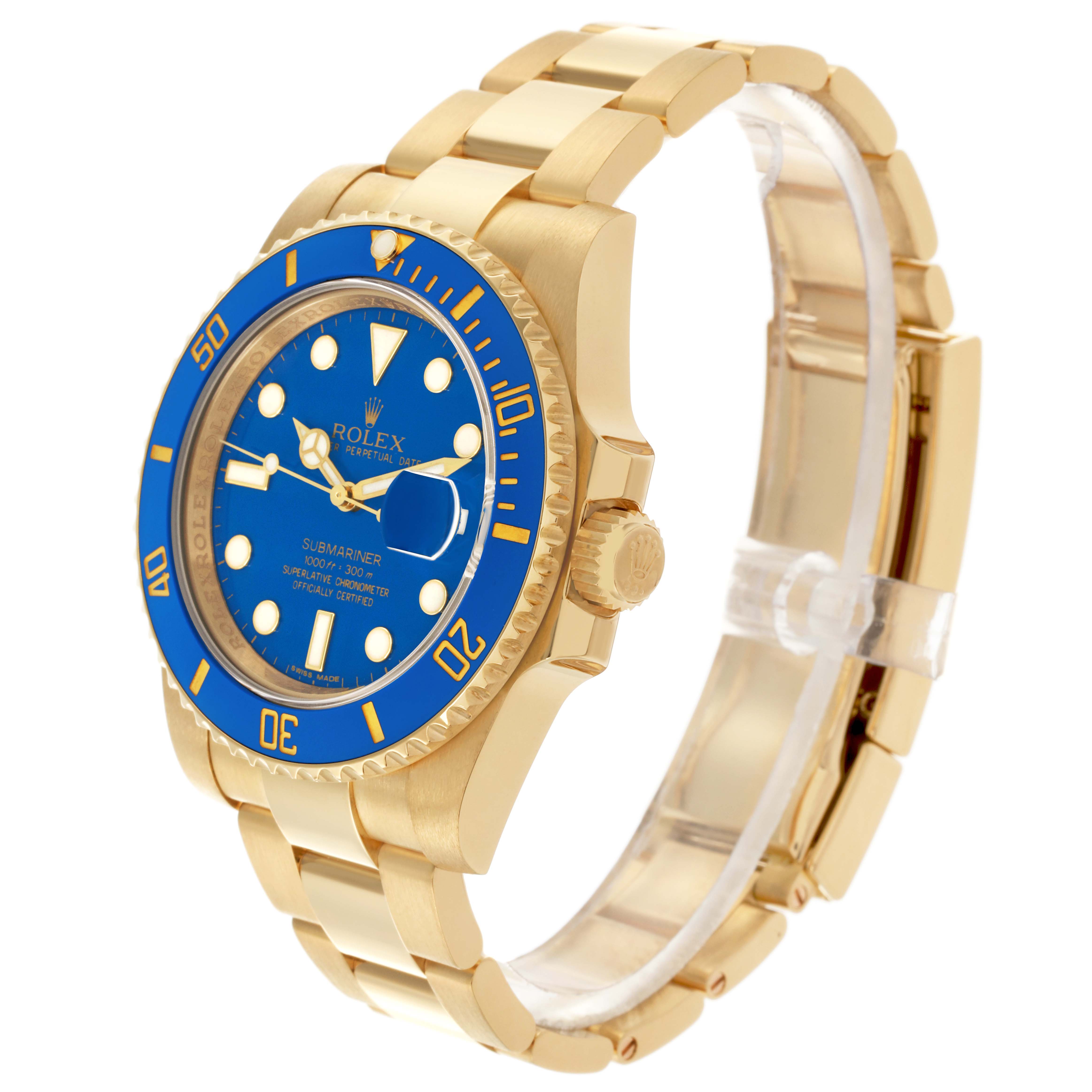 The Rolex Submariner 116618LB Men's Yellow Gold Blue Dial 116618LB Men's Yellow Gold Blue Dial watch is shown at a three-quarter angle, highlighting its blue dial, bezel, and gold bracelet.