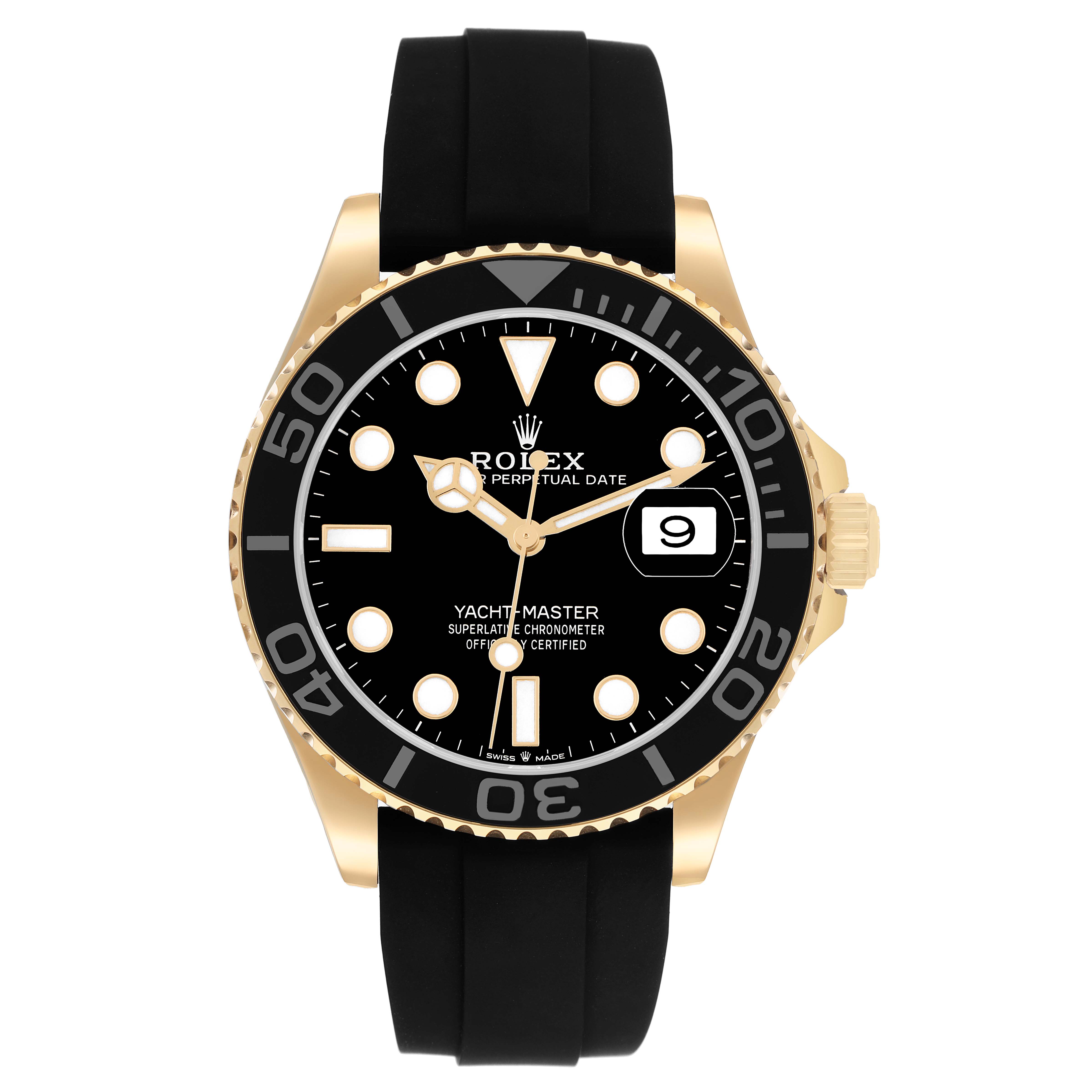 The Rolex Yacht-Master 226658 Men's Yellow Gold Black Dial watch is shown from the front, displaying the dial, bezel, crown, and strap.