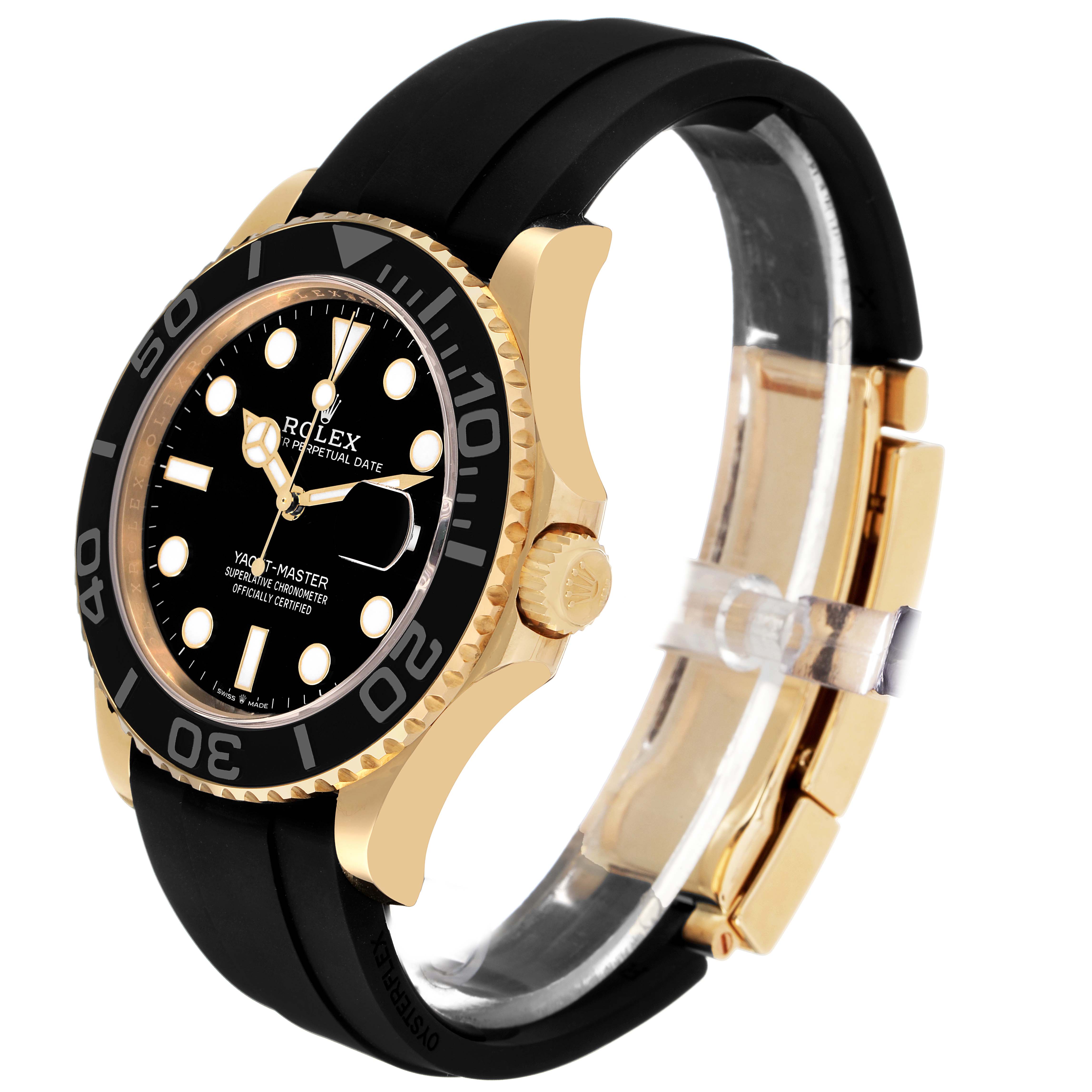 The Rolex Yacht-Master 226658 Men's Yellow Gold Black Dial watch is shown at a three-quarter angle, highlighting the bezel, dial, and rubber strap.
