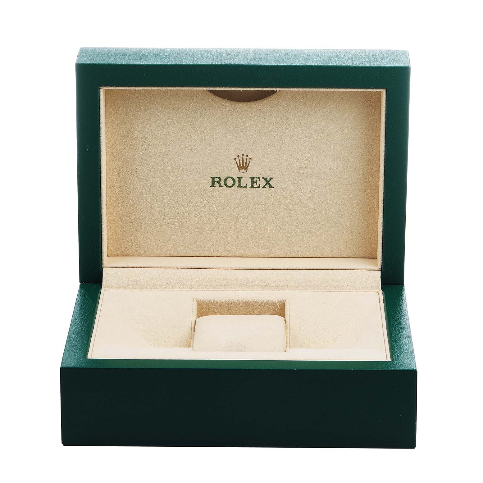 The image shows an open, empty Rolex watch box for the Yacht-Master model, displaying a green exterior and beige interior.