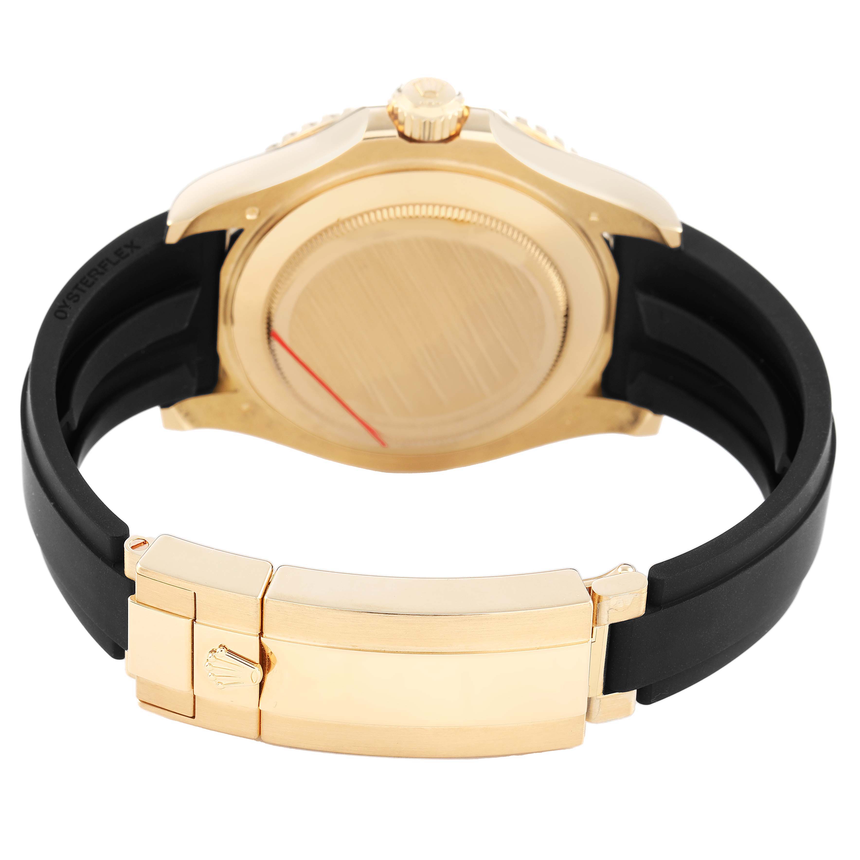 The image shows the back case and clasp of a Rolex Yacht-Master 226658 Men's Yellow Gold Black Dial, viewed from the rear with focus on the gold and black strap.