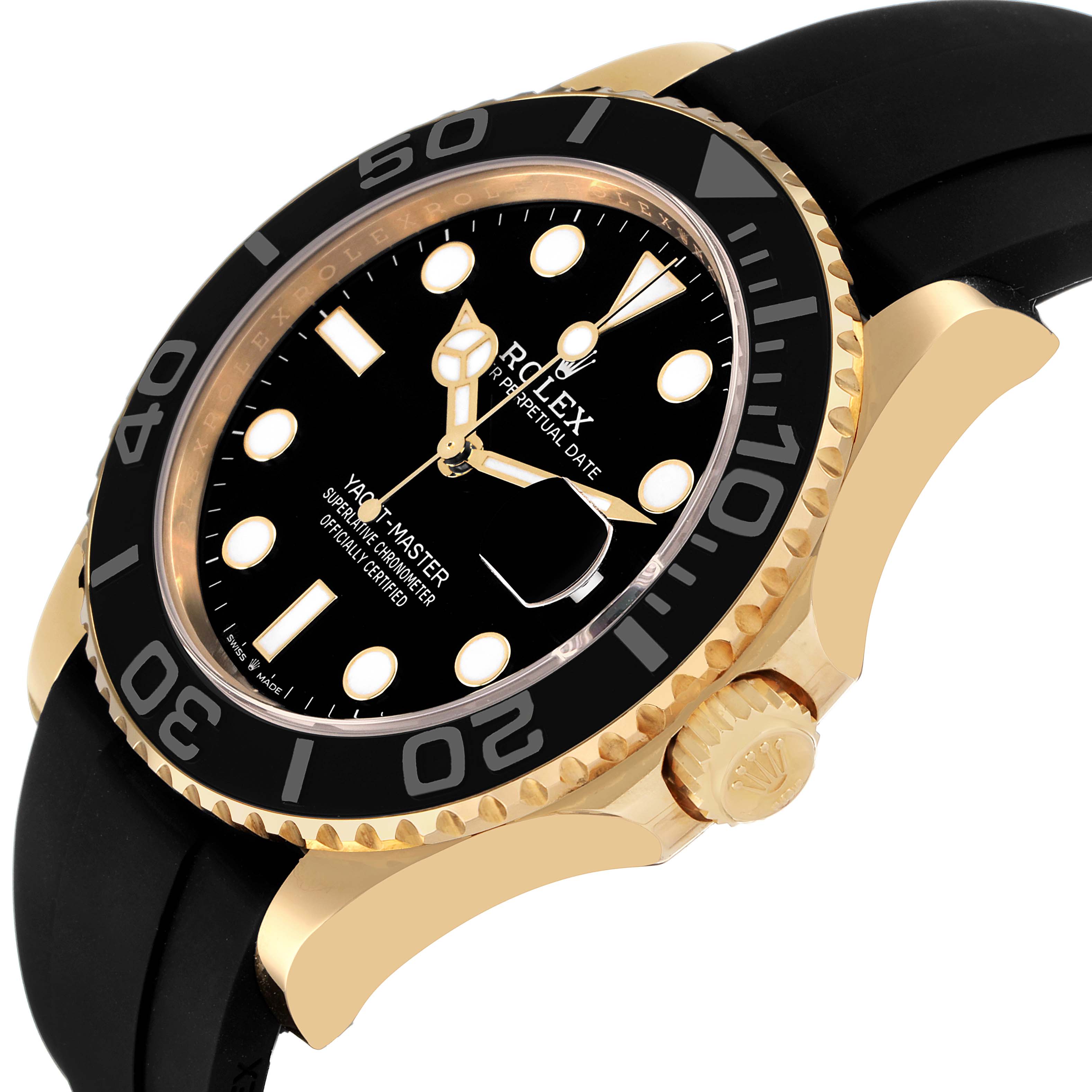 The Rolex Yacht-Master 226658 Men's Yellow Gold Black Dial watch is shown at a side angle, highlighting the bezel, crown, and black strap.