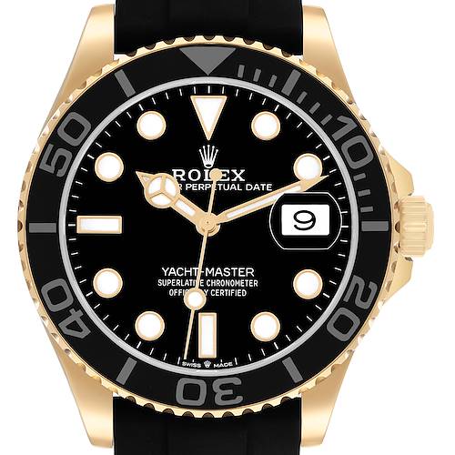 The Rolex Yacht-Master 226658 Men's Yellow Gold Black Dial watch is shown from a front angle, highlighting its black dial, gold case, and black bezel with visible crown.