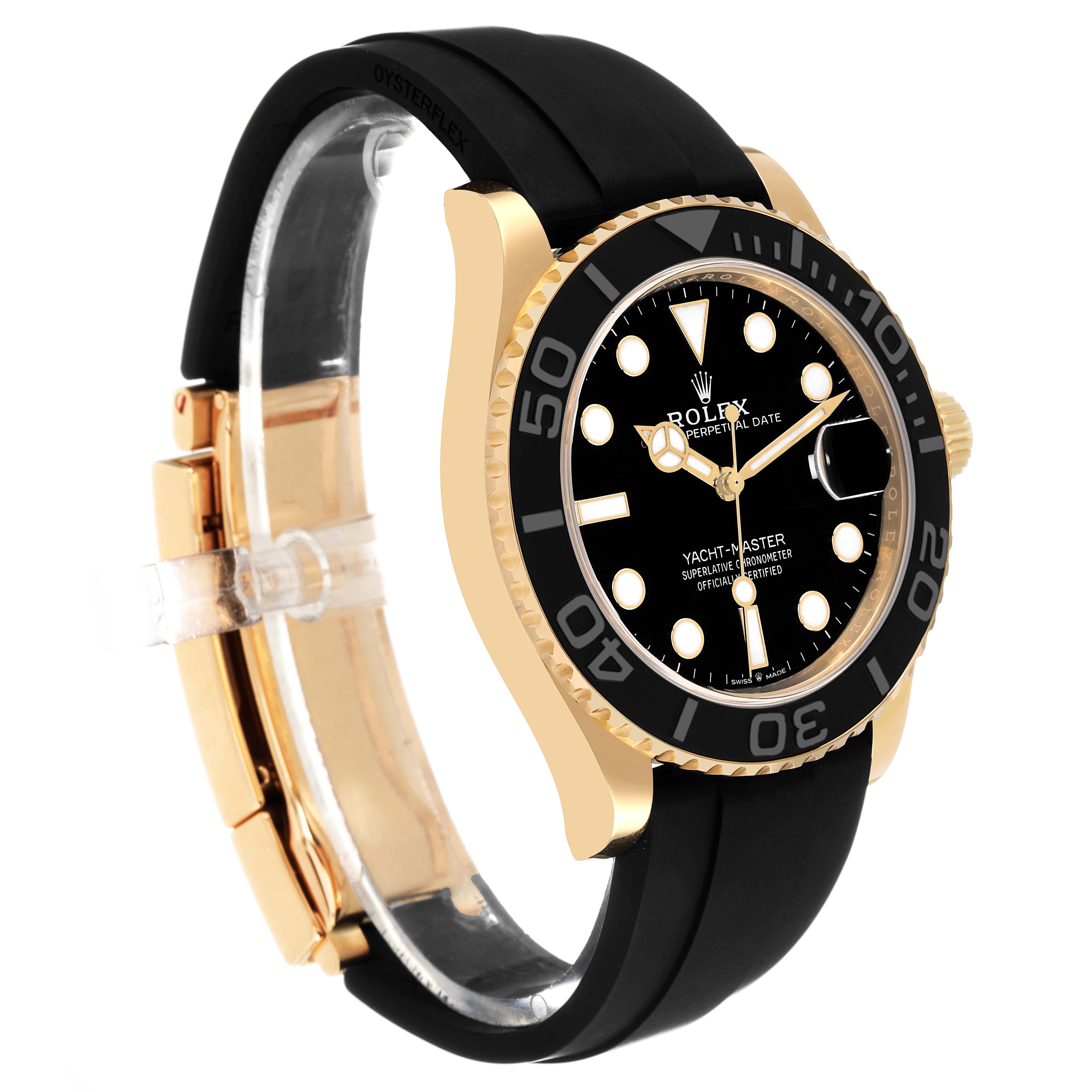 The Rolex Yacht-Master 226658 Men's Yellow Gold Black Dial watch is shown at a side angle, highlighting the bezel, dial, and black rubber strap.