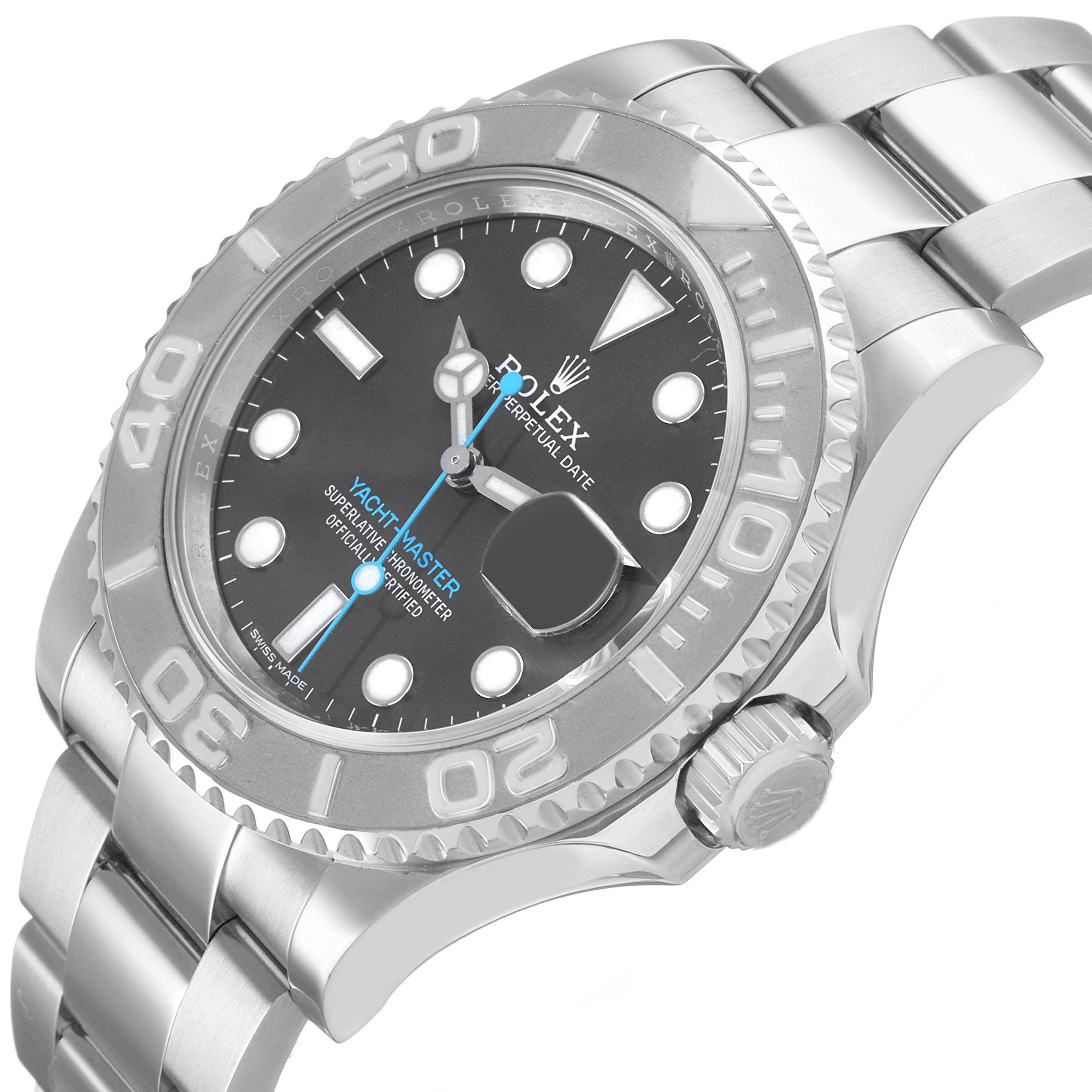 The Rolex Yacht-Master 116622 Men's Stainless Steel Silver Dial watch is shown at a slight angle, highlighting the bezel, dial, crown, and part of the bracelet.
