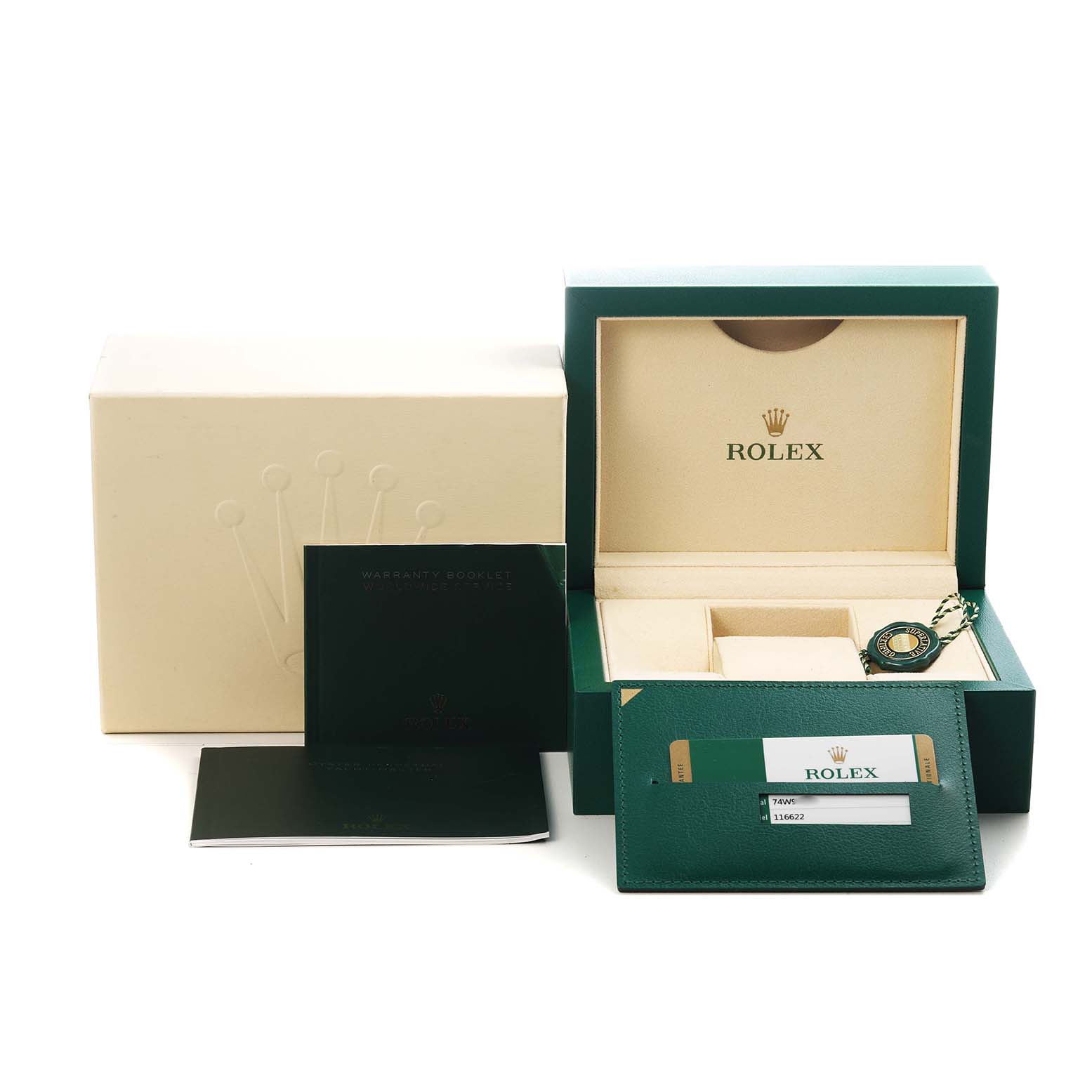The image shows a Rolex Yacht-Master 116622 Men's Stainless Steel Silver Dial's box, warranty booklet, and card holder with a tag, viewed from the front.