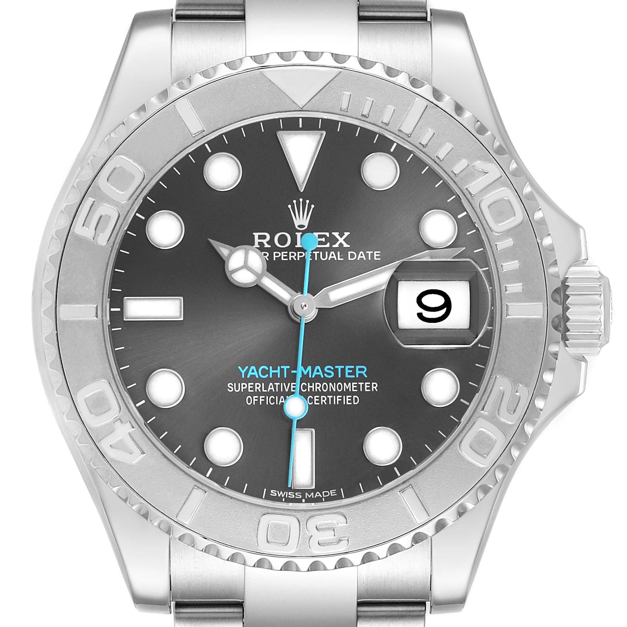 The image shows a front view of the Rolex Yacht-Master 116622 Men's Stainless Steel Silver Dial, displaying the dial, bezel, and part of the bracelet.