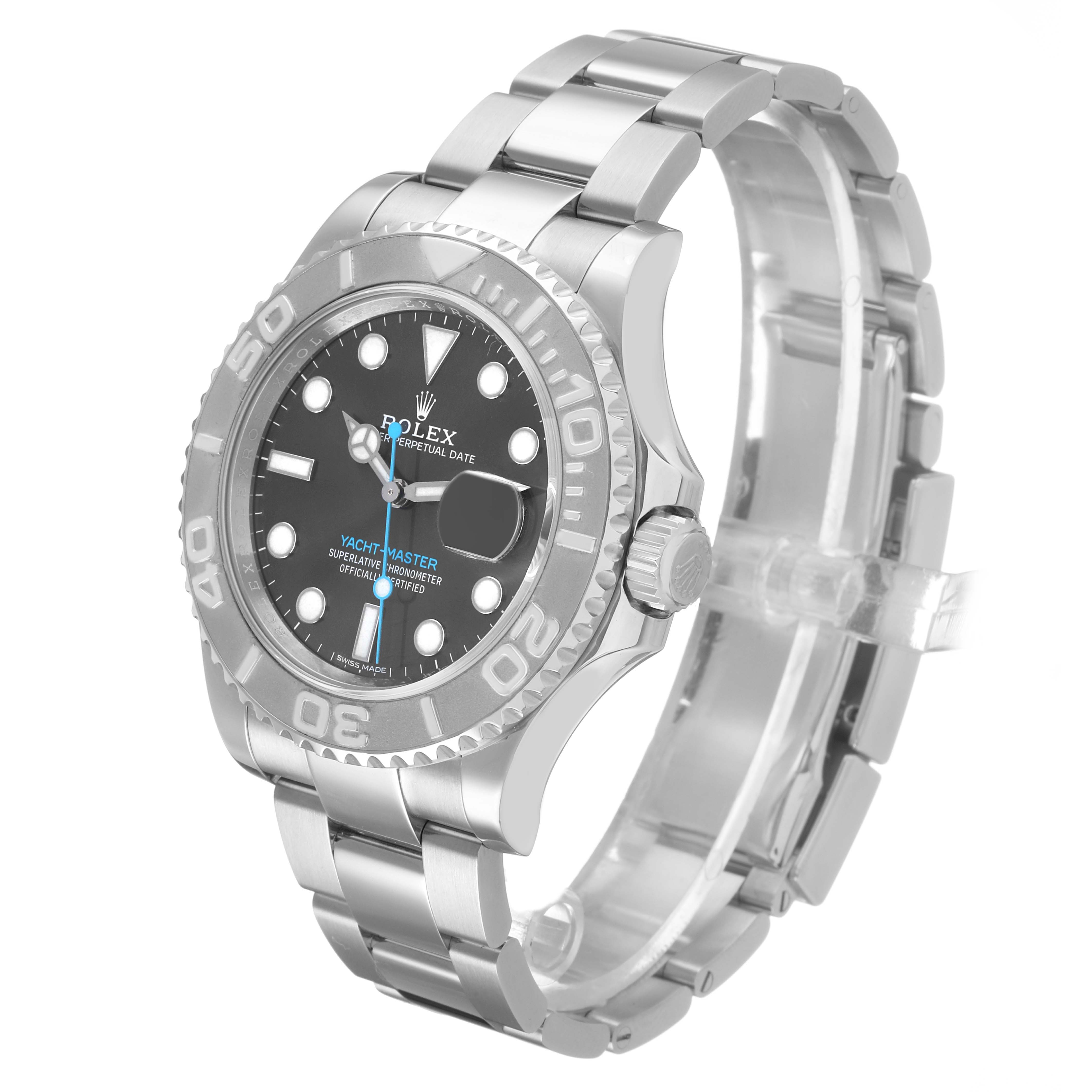 The Rolex Yacht-Master 116622 Men's Stainless Steel Silver Dial watch is shown at a three-quarter angle, displaying the face, bezel, bracelet, and crown.