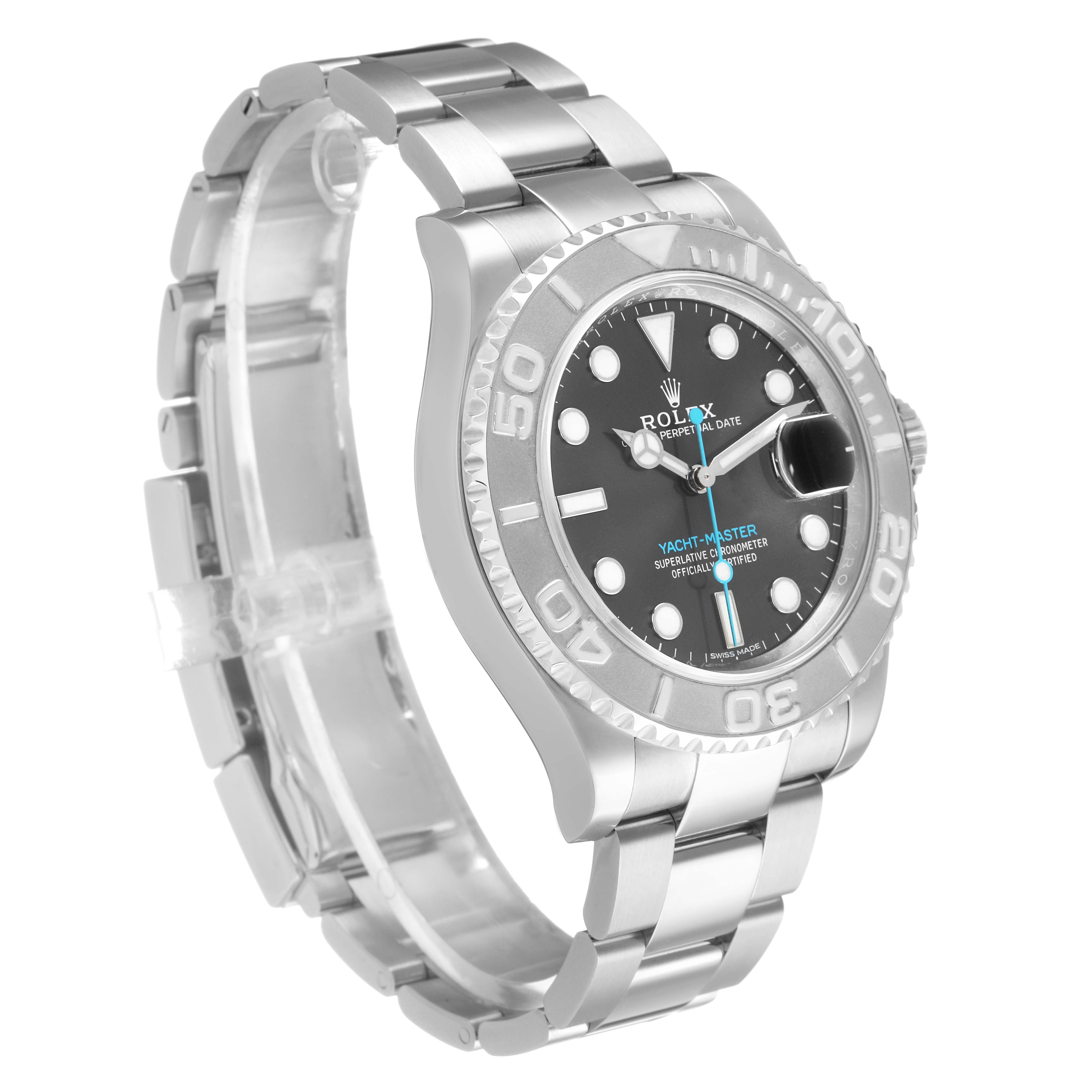 The Rolex Yacht-Master 116622 Men's Stainless Steel Silver Dial watch is shown at a three-quarter angle, displaying the bezel, dial, bracelet, and clasp.
