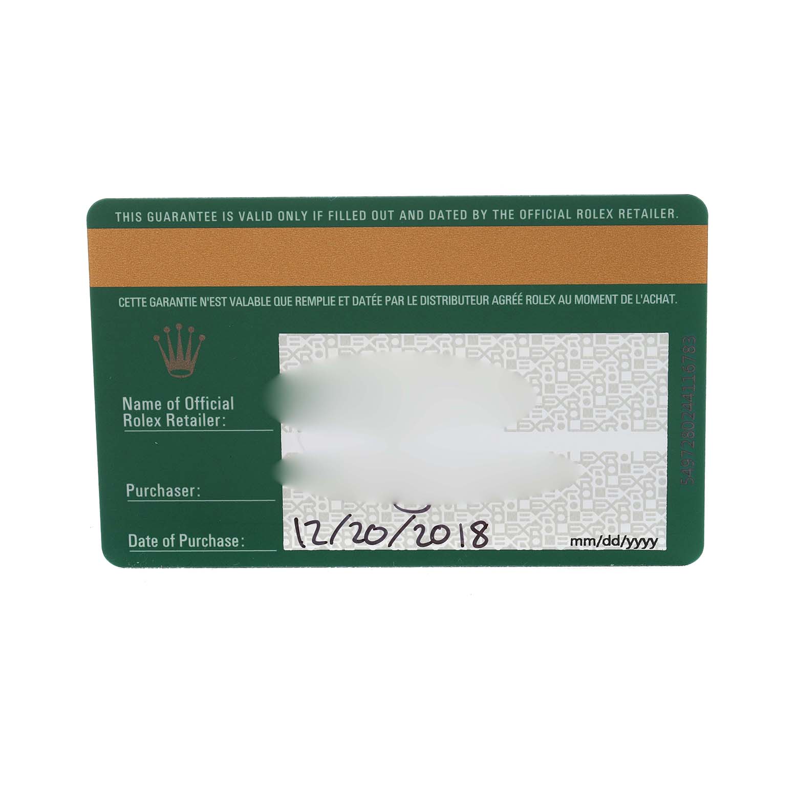 The image shows a warranty card for a Rolex Yacht-Master 116622 Men's Stainless Steel Silver Dial watch, displaying purchase details.