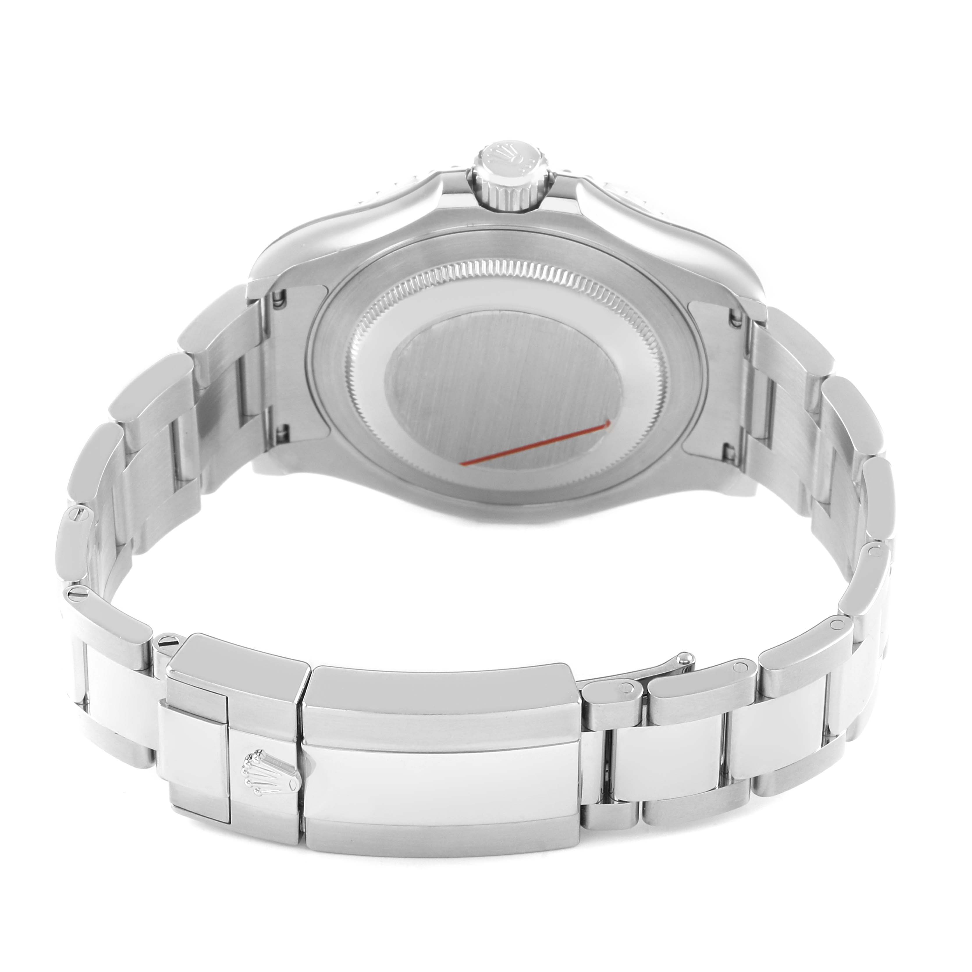The image shows the back view of a Rolex Yacht-Master 116622 Men's Stainless Steel Silver Dial, highlighting the bracelet and clasp.