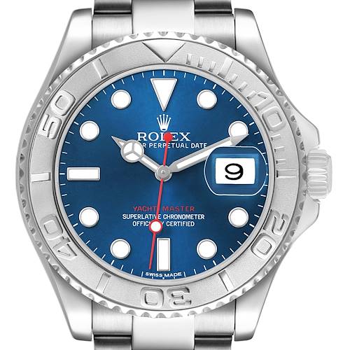 The Rolex Yacht-Master 116622 Men's Stainless Steel Blue Dial watch is shown from a front angle, displaying the blue dial, bezel, and part of the bracelet.